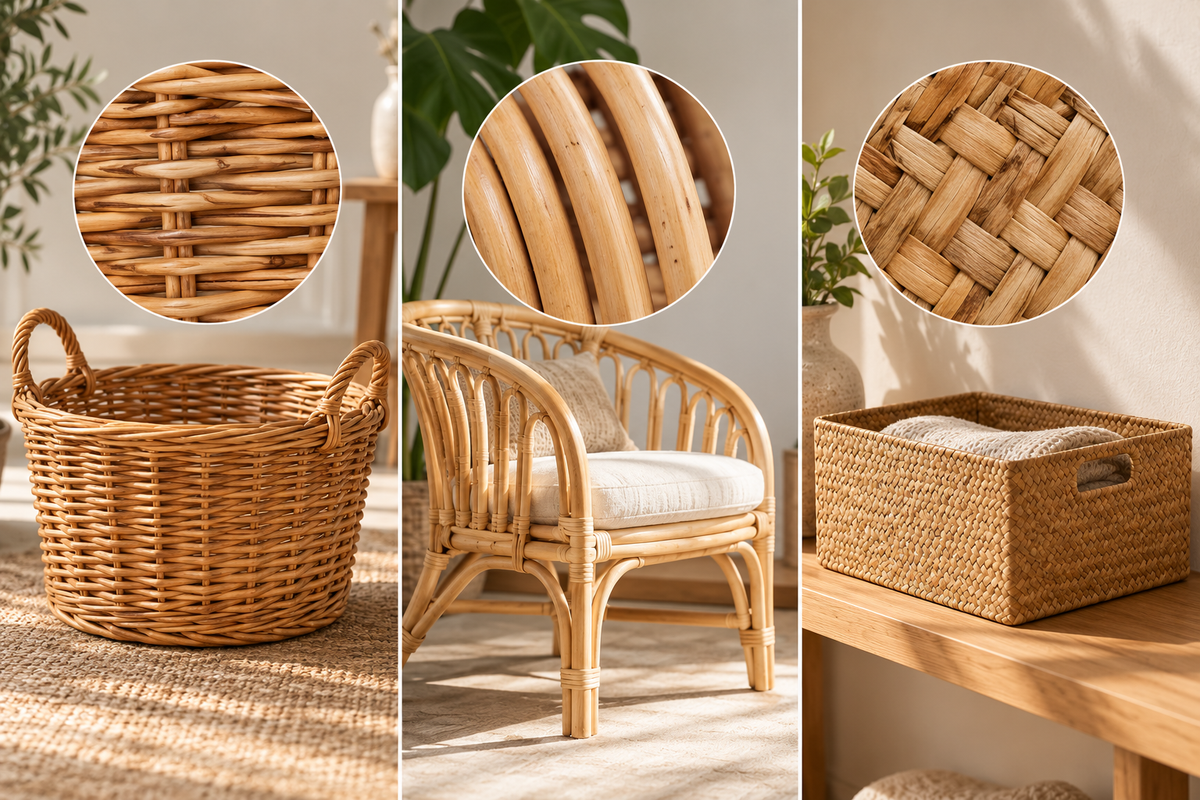 panier en osier, panier en rotin et panier en jonc de mer côte à côte Image
