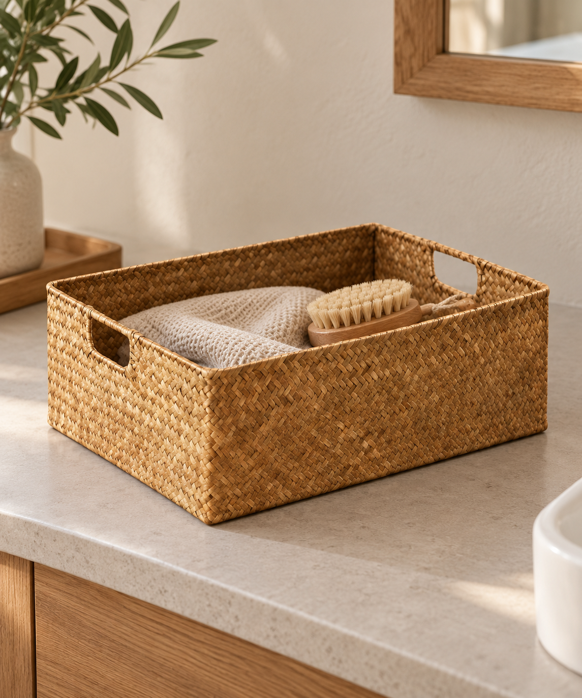 nettoyer un panier en osier avec une brosse douce et un chiffon Image