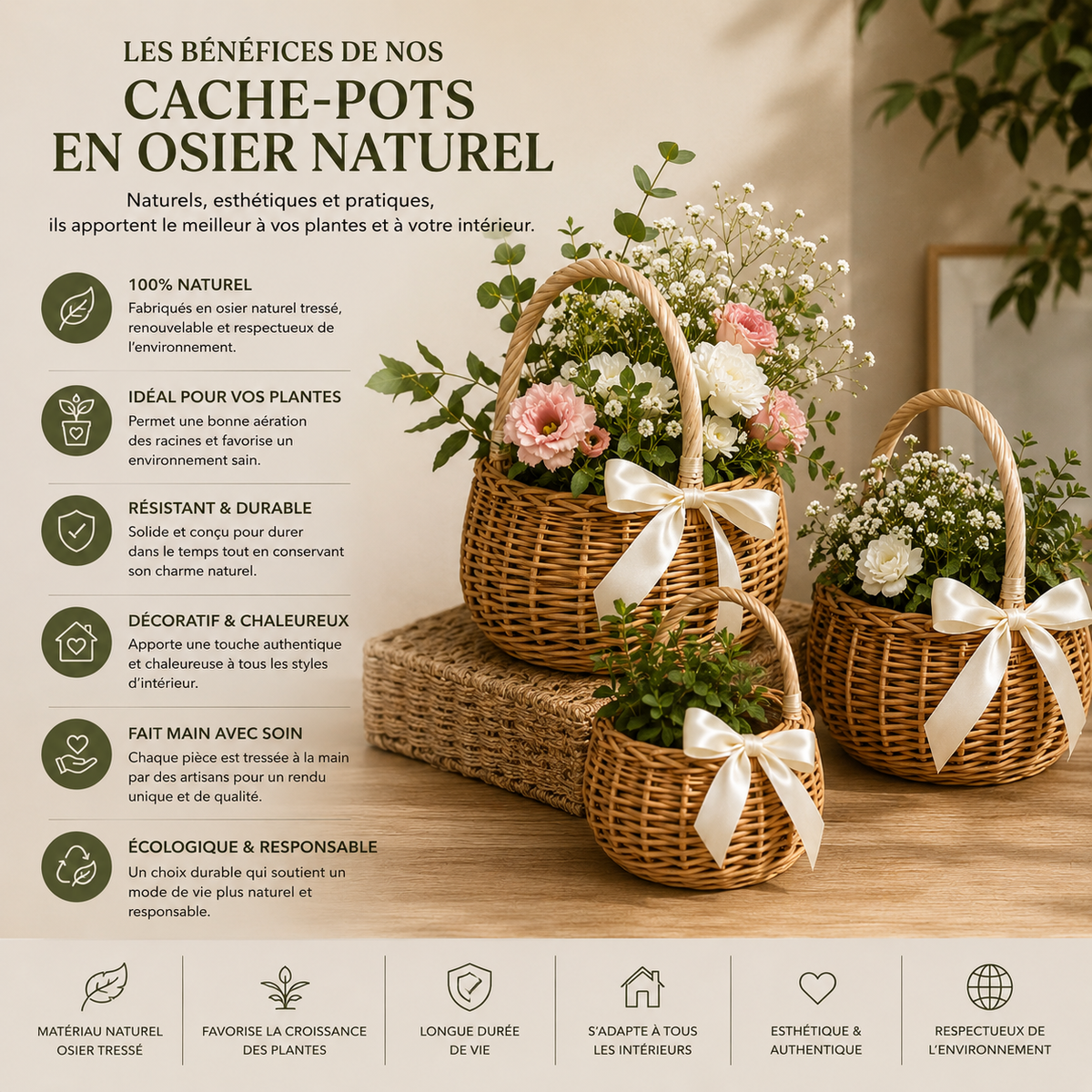 cache pots à main en osier naturelle