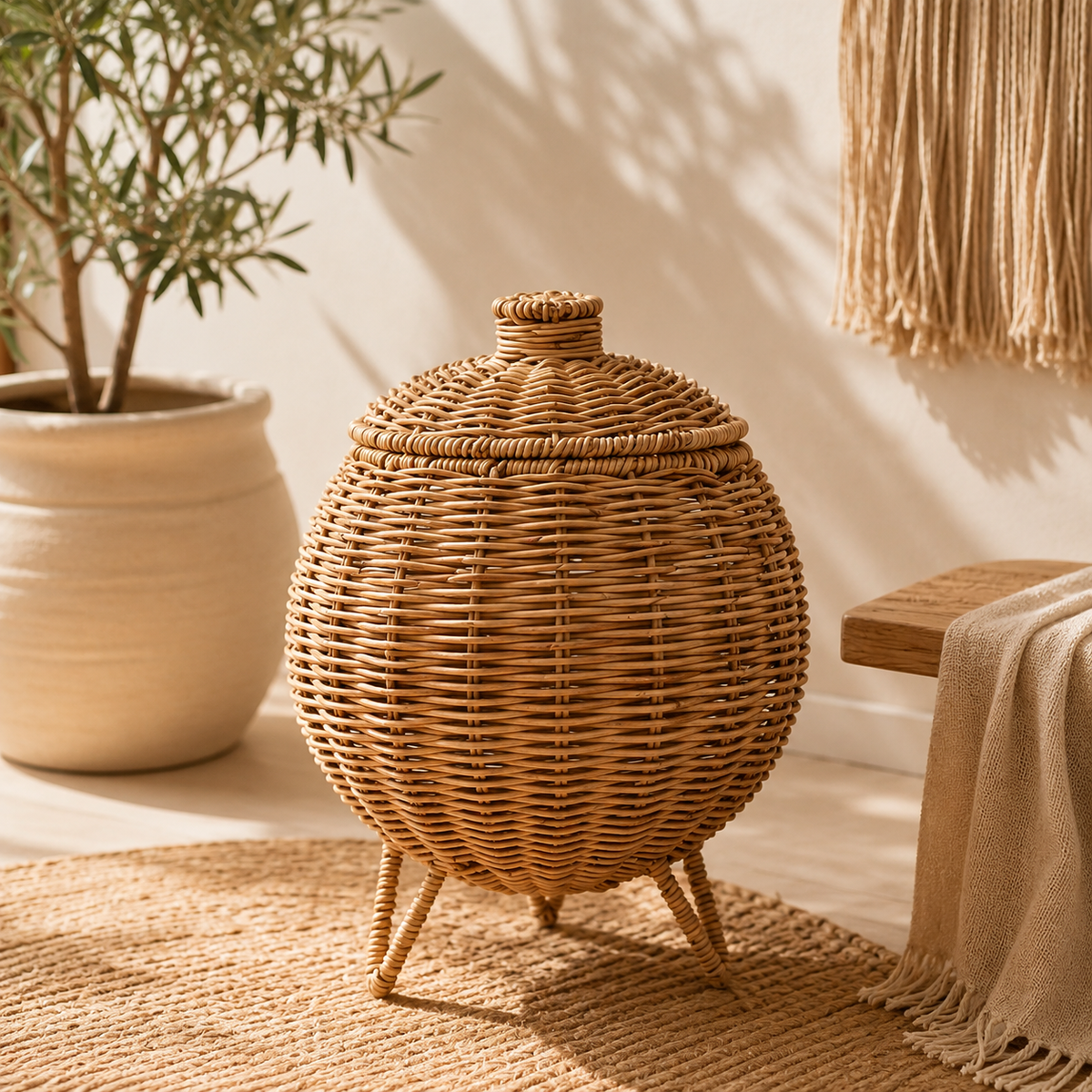 Panier de rangement à couvercle en osier style japonais
