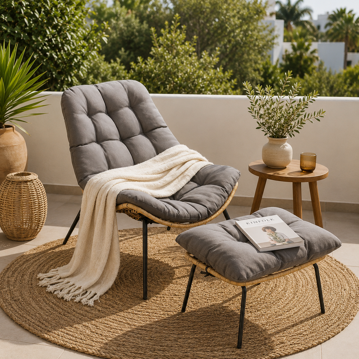 Fauteuil avec repose-pieds en osier naturel