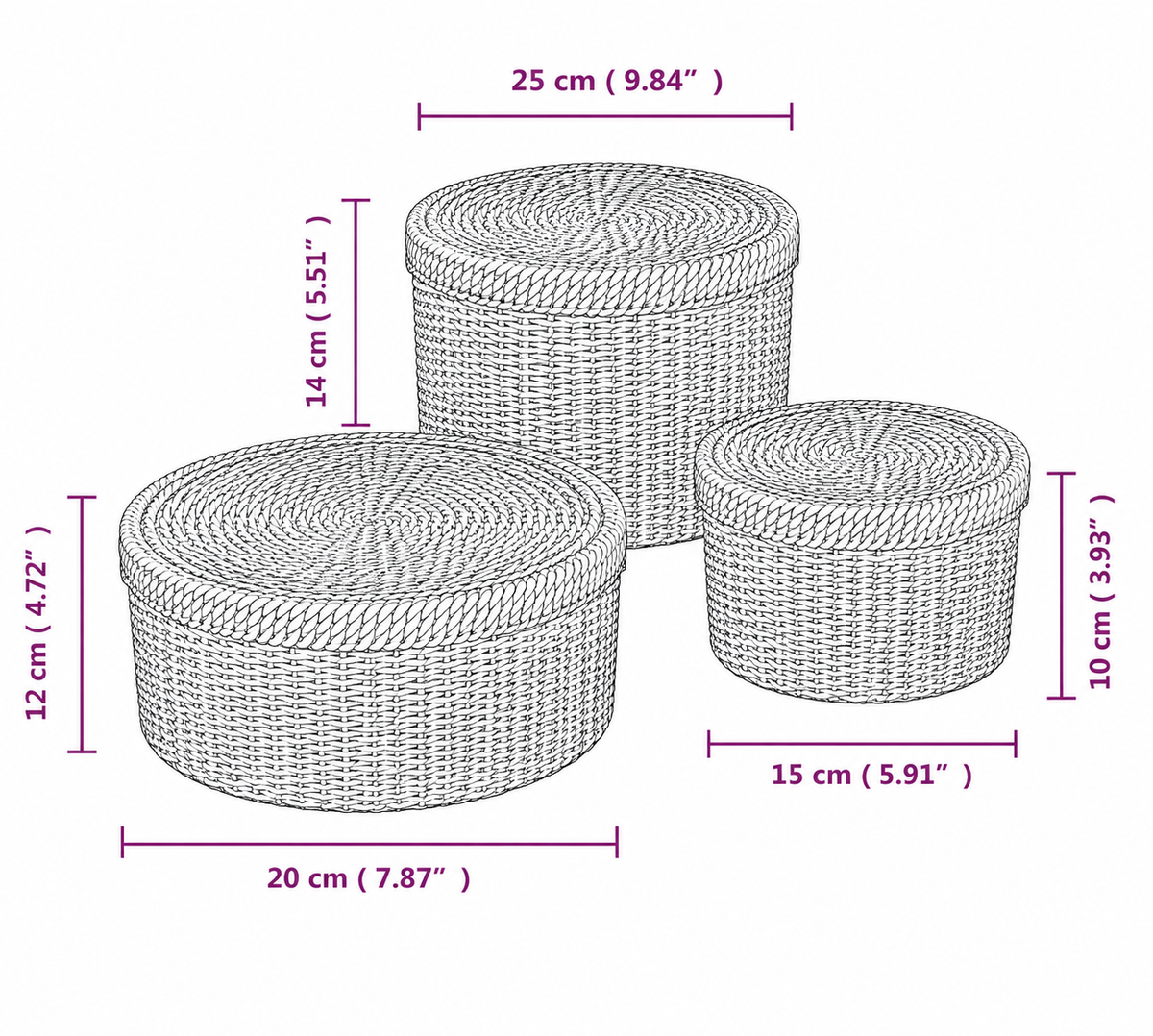 Lot de 3 panier rangement en osier avec couvercle