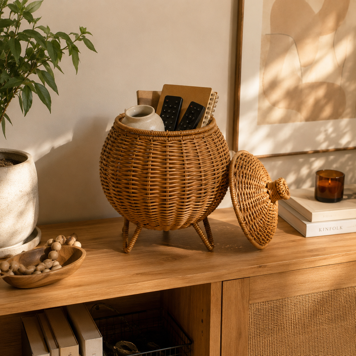 Panier de rangement à couvercle en osier style japonais