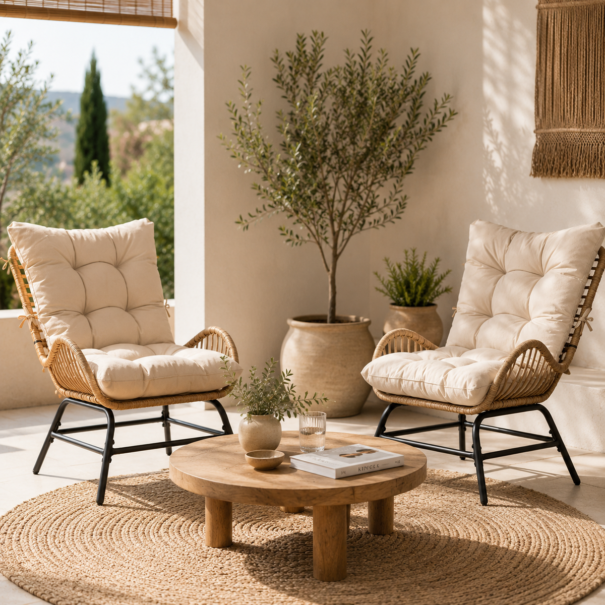 Fauteuil inclinable en osier & coussin matelassé – vue 3