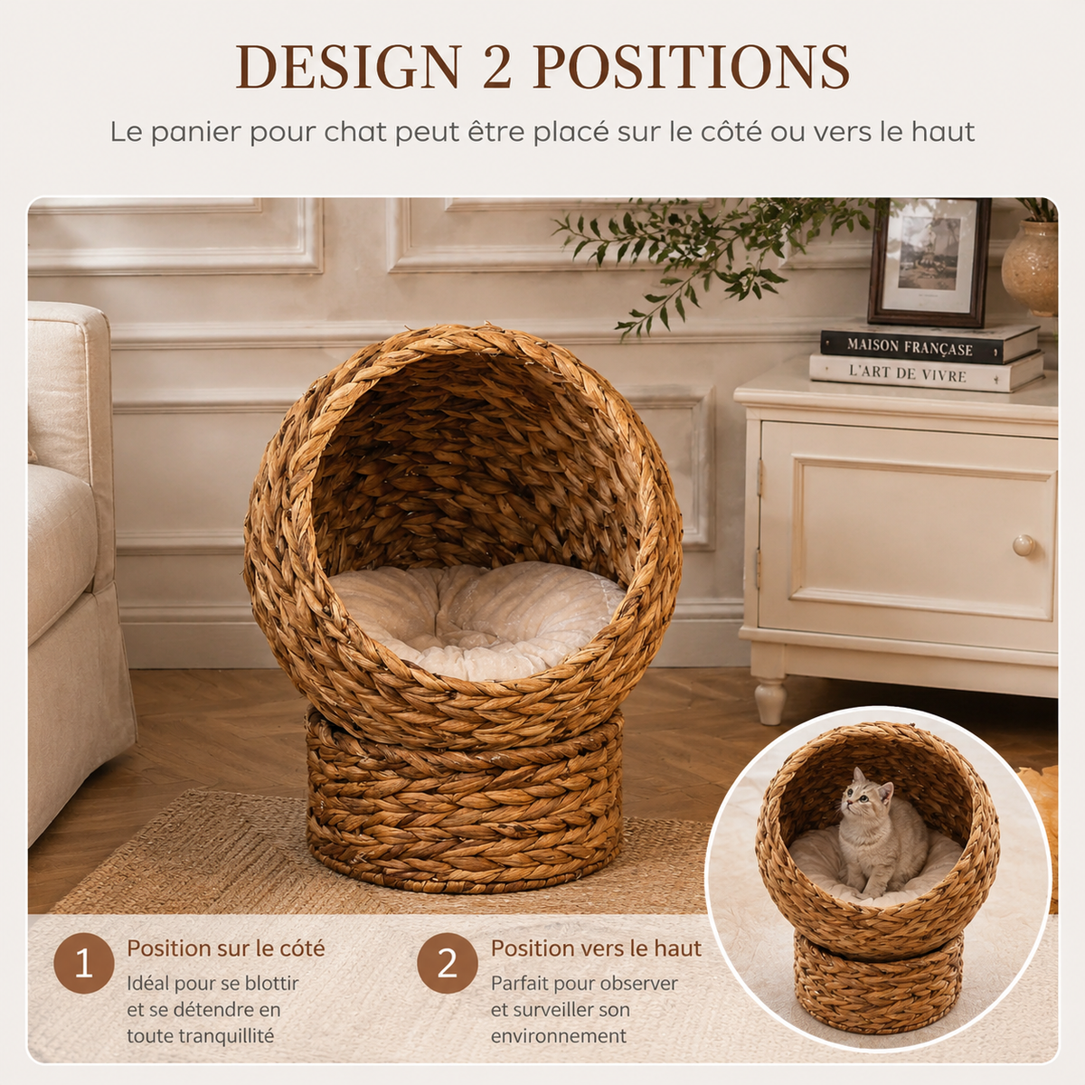 Panier surélevé pour chat en osier tissé a la main