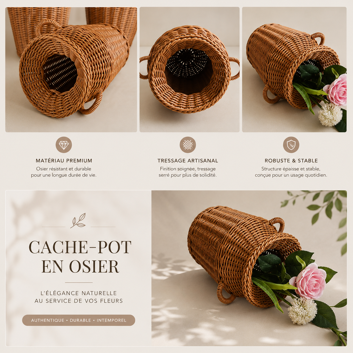Cache-pot de sol haut en osier naturelle – vue 4