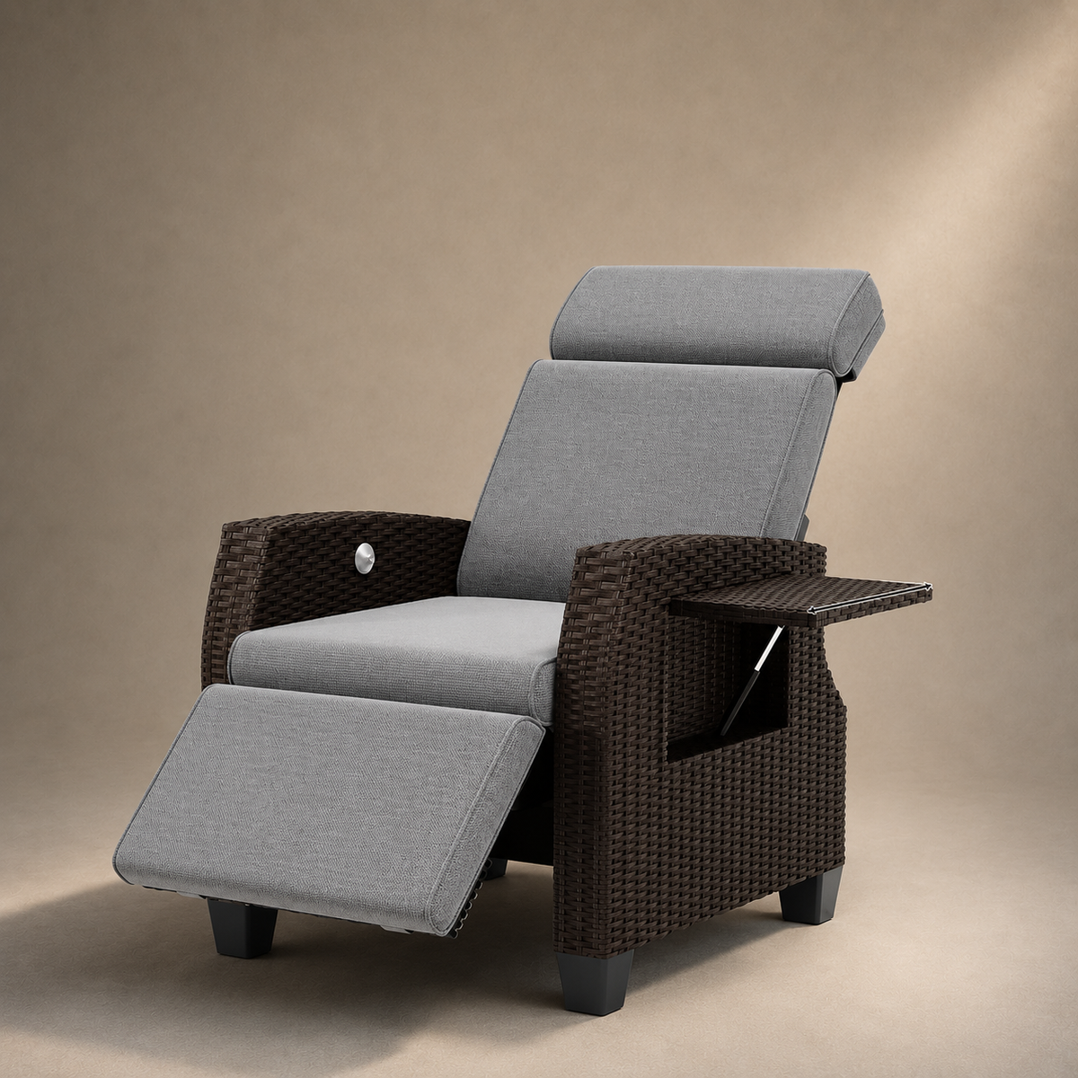 Fauteuil inclinable en osier avec table relevable