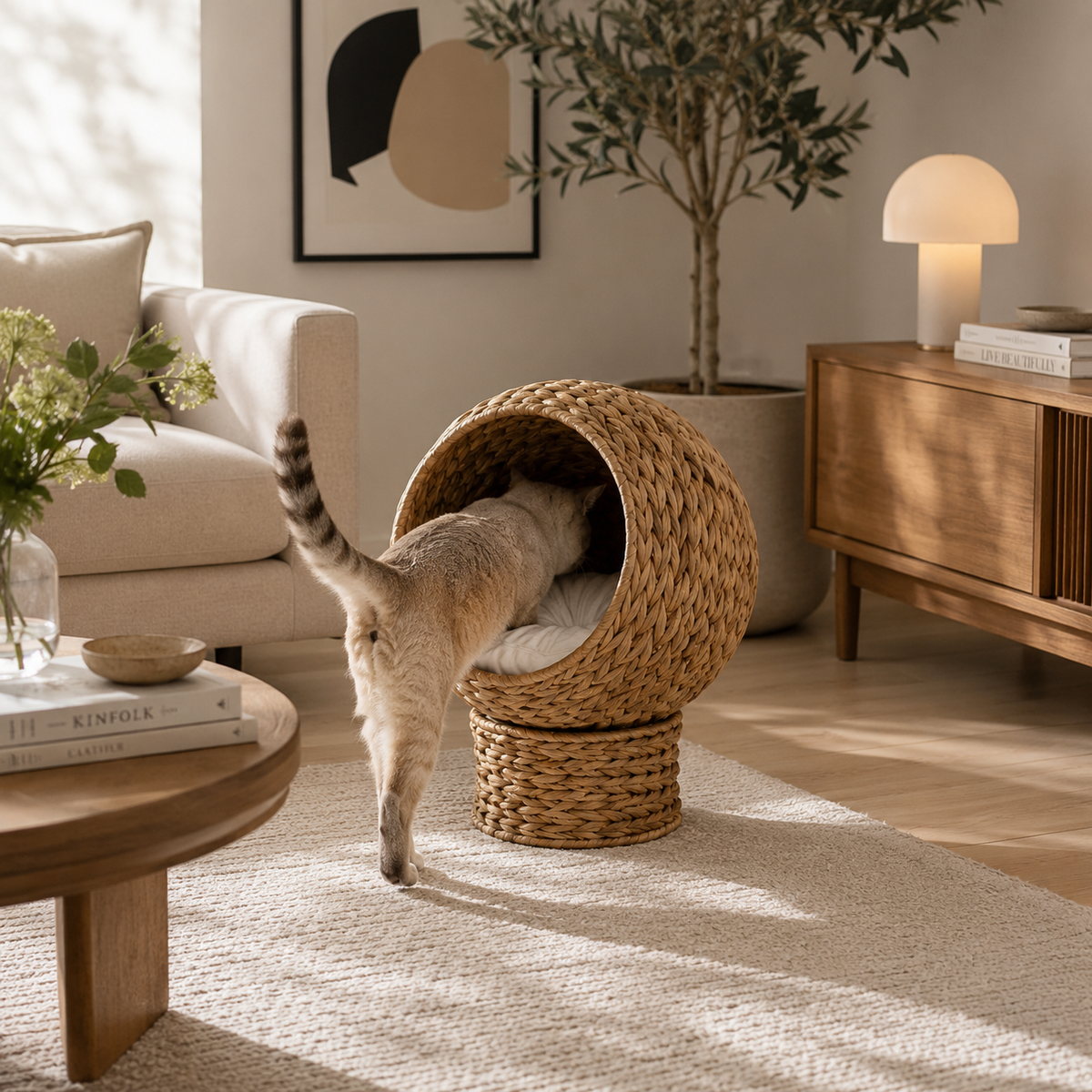 Panier surélevé pour chat en osier tissé a la main