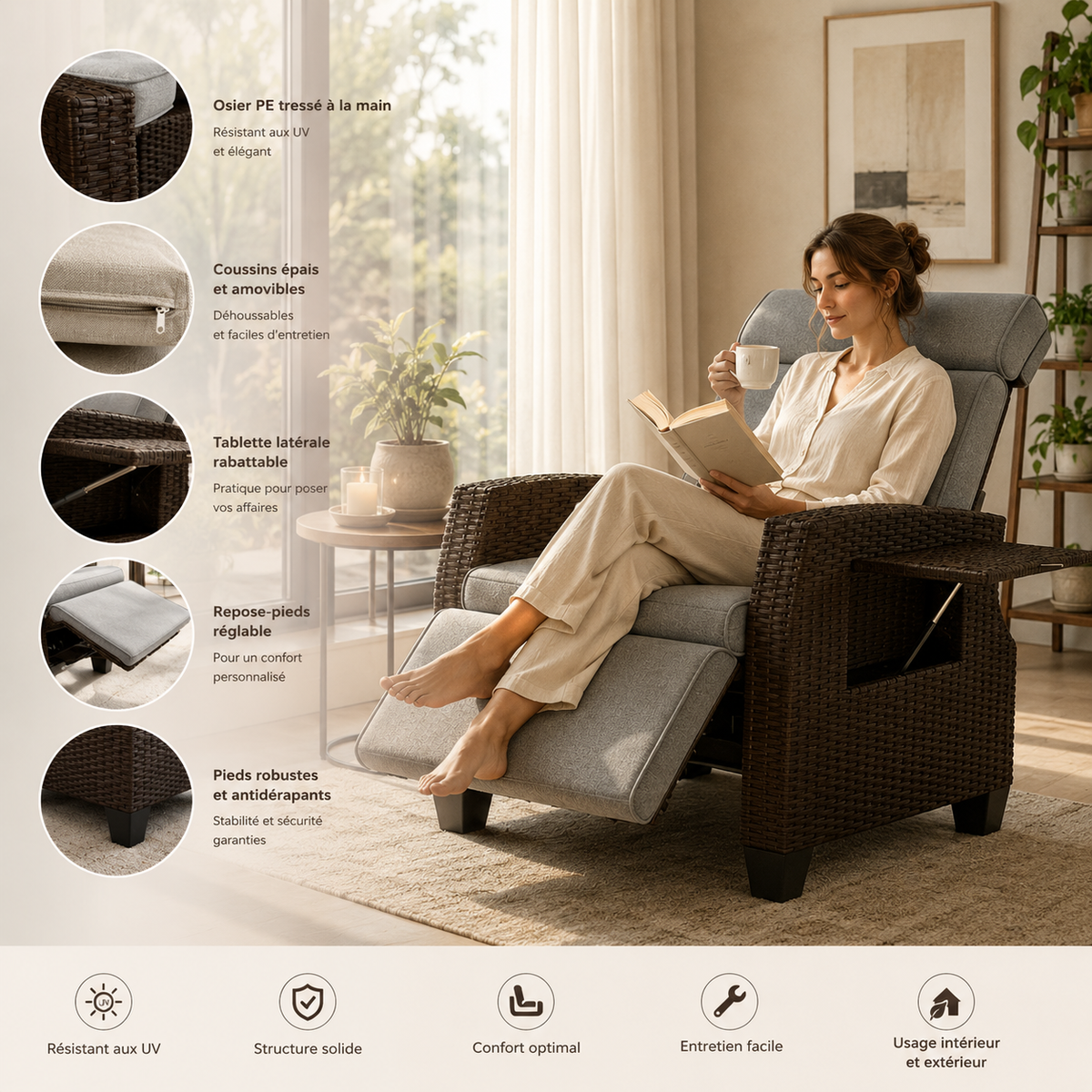 Fauteuil inclinable en osier avec table relevable