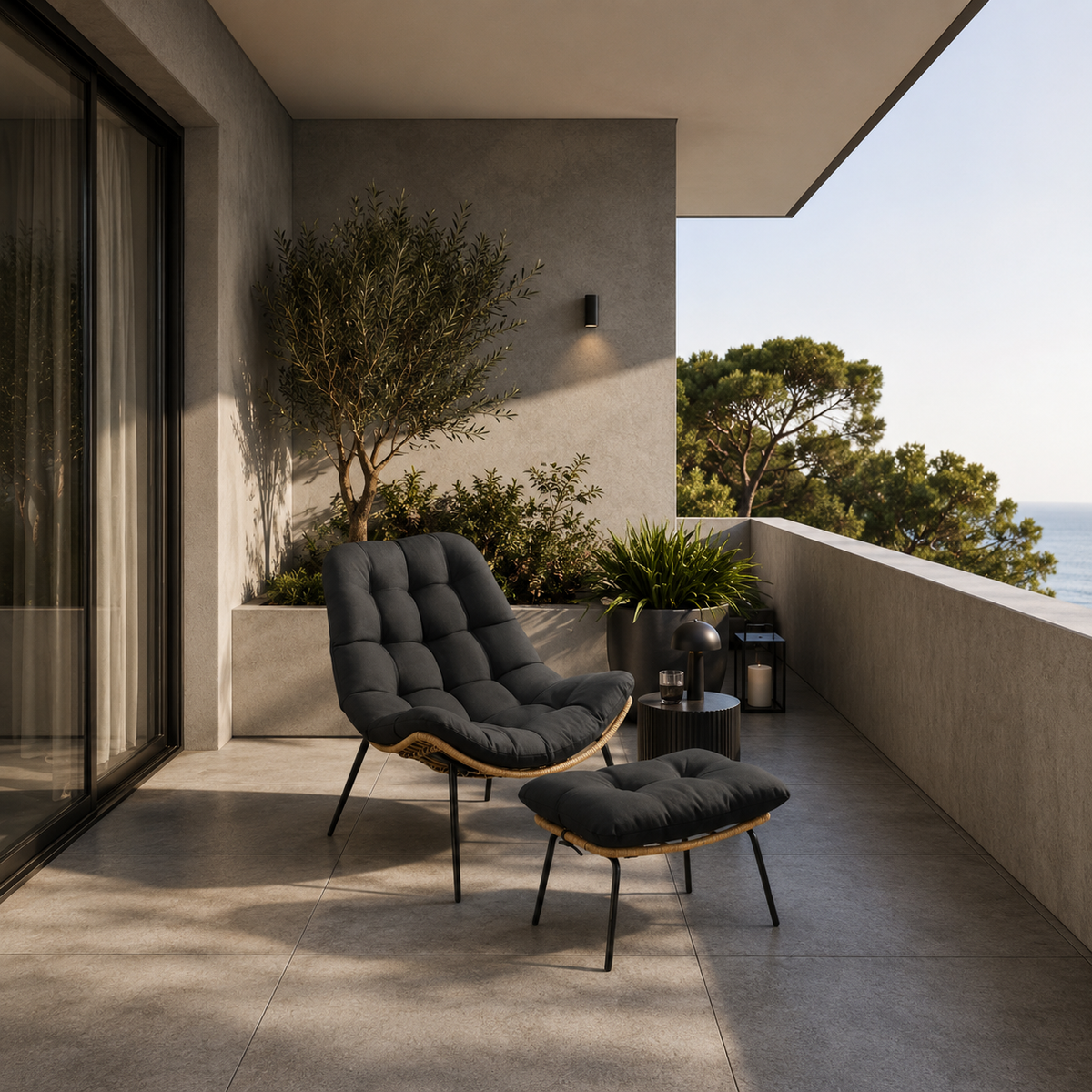 Fauteuil avec repose-pieds en osier naturel