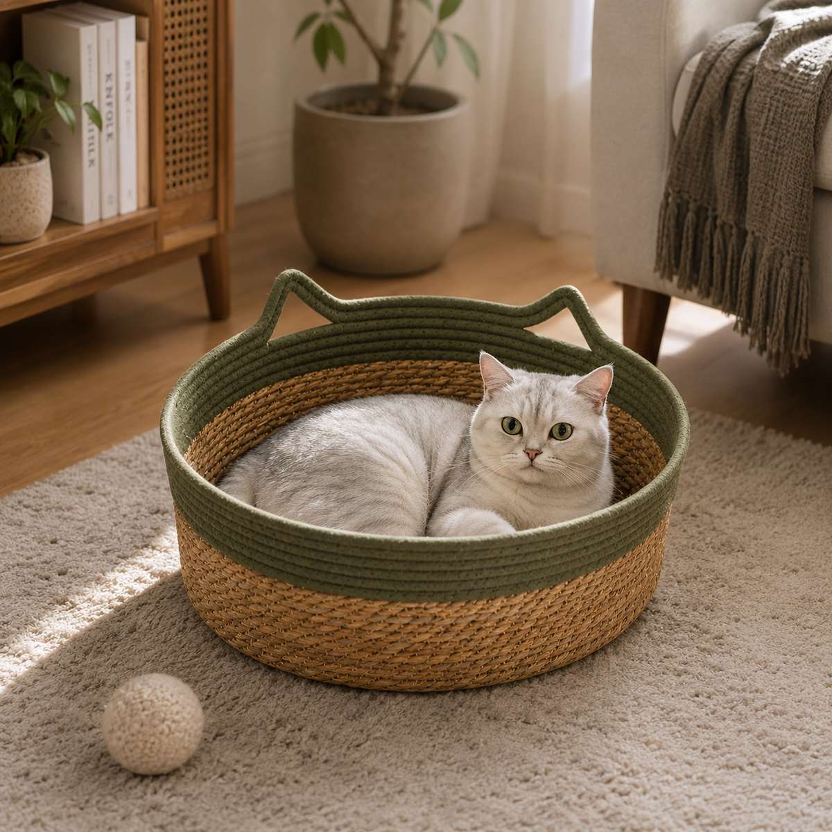 Panier pour chat en osier coton vert