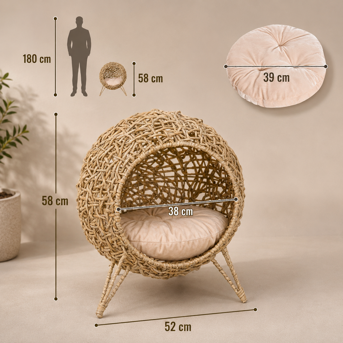 Panier pour chat en osier pieds surélevés