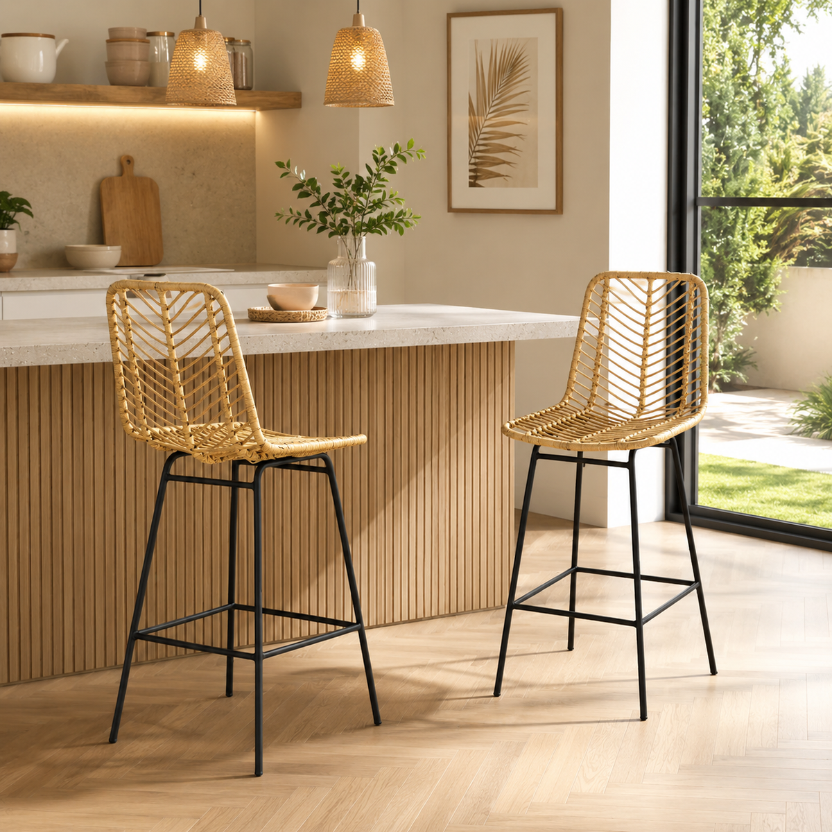 Lot de 2 tabourets de bar en osier bohème