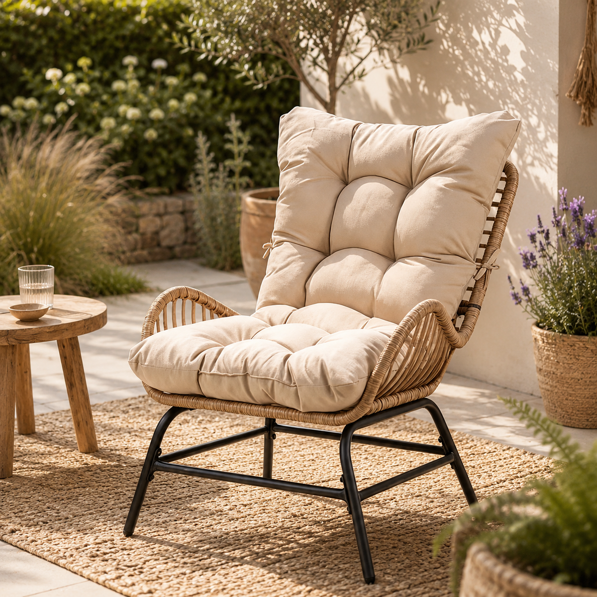 Fauteuil inclinable en osier & coussin matelassé – vue 4