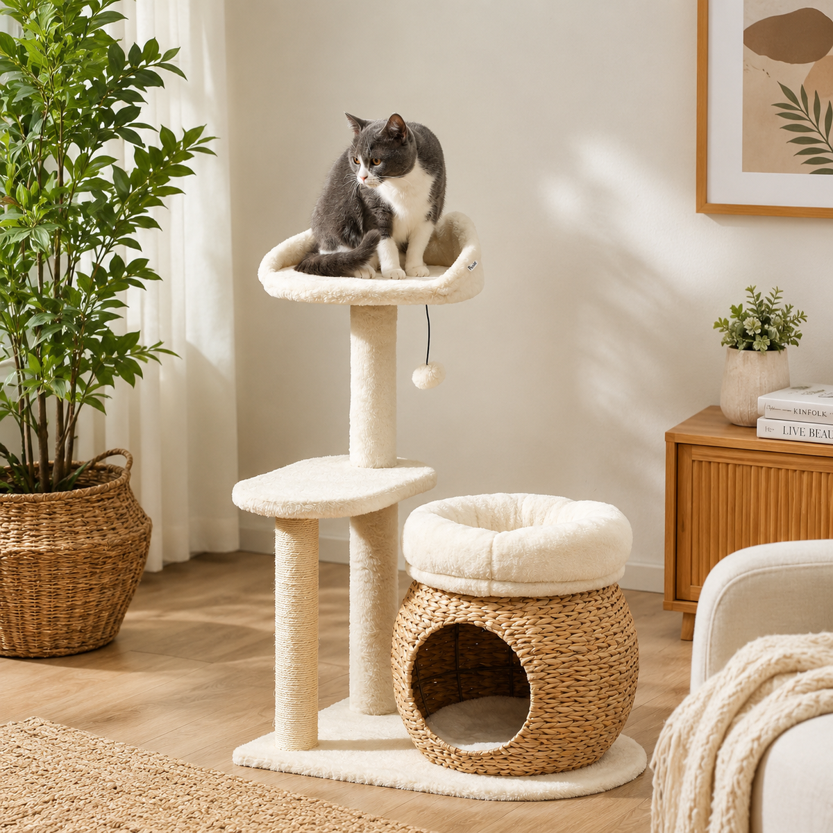 Tour pour chat en osier equipé d'un griffoir