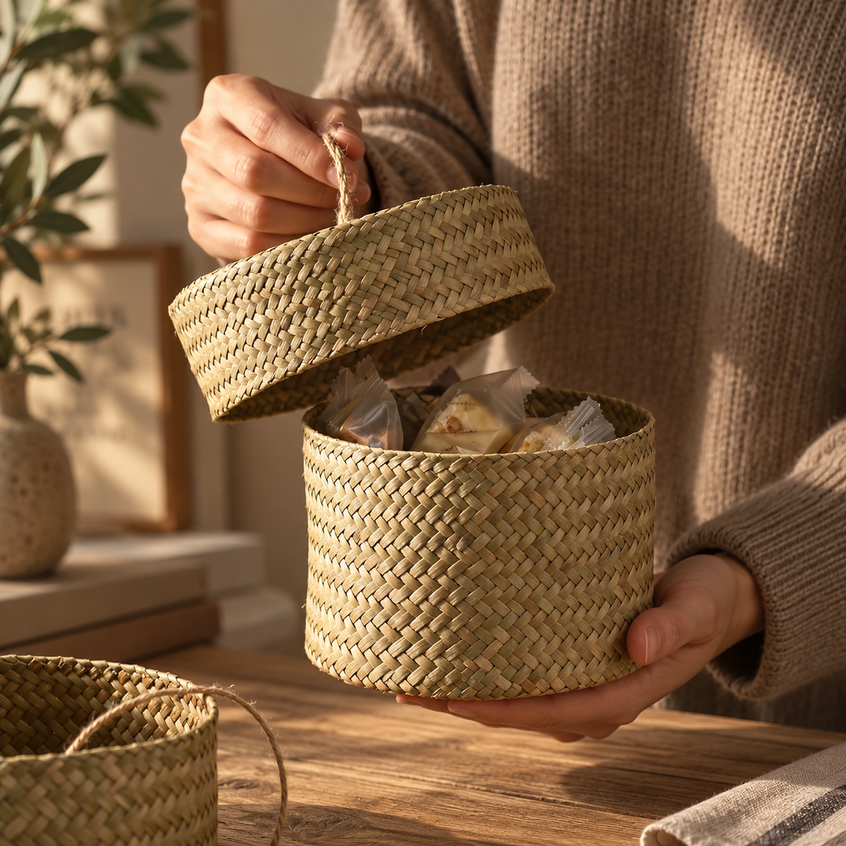 Boîte de rangement ronde en osier avec couvercle – vue 5