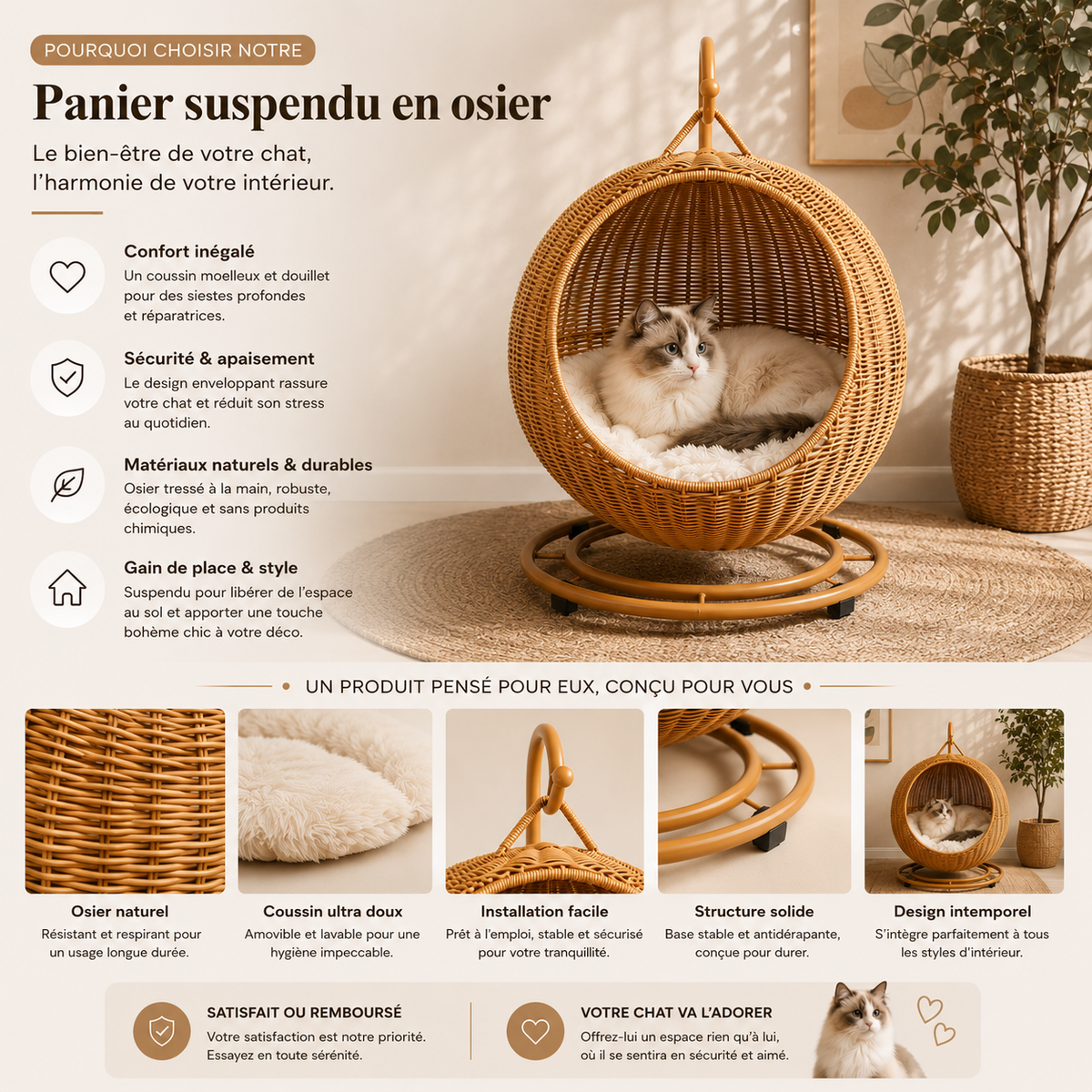 Panier pour chat suspendu en osier