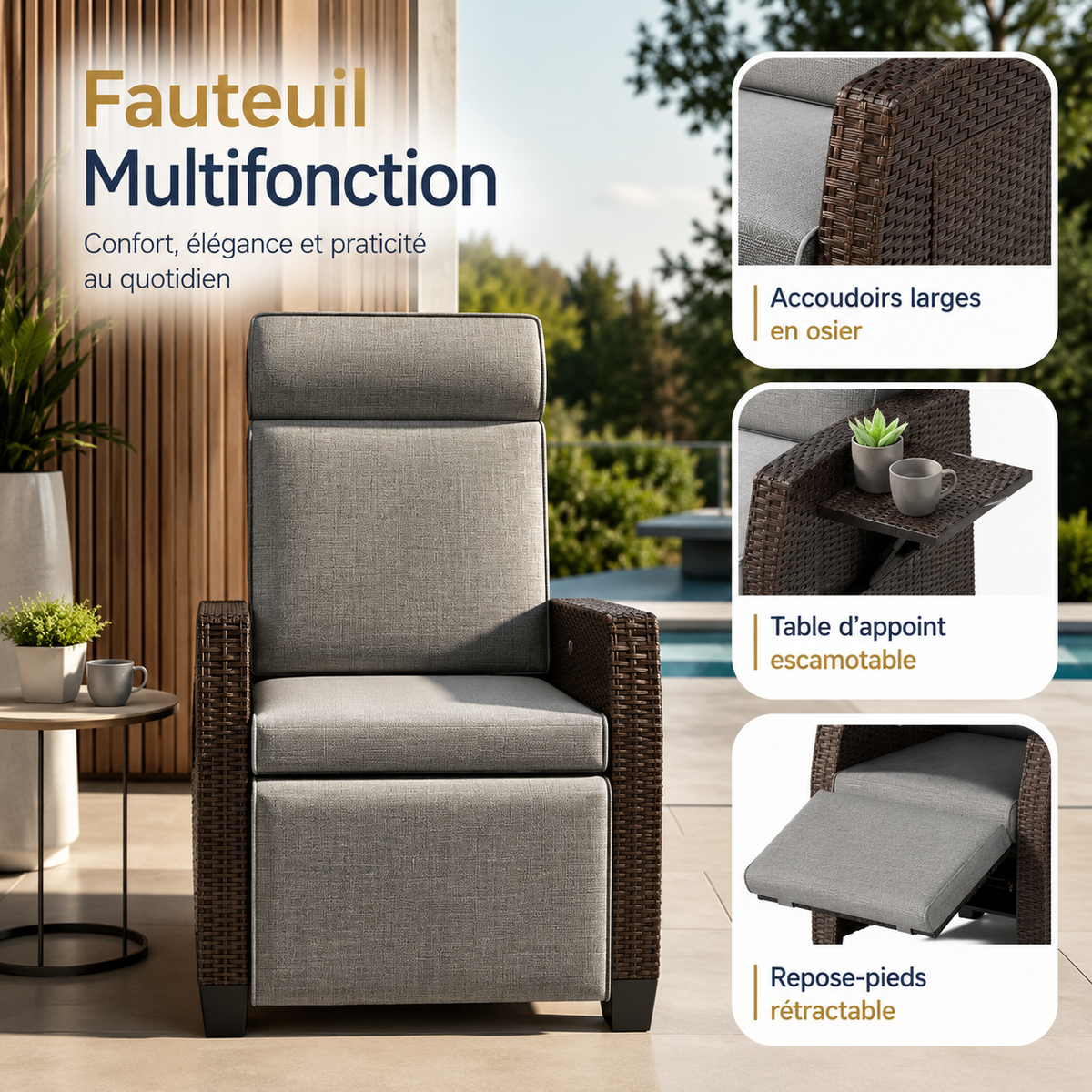 Fauteuil inclinable en osier avec table relevable