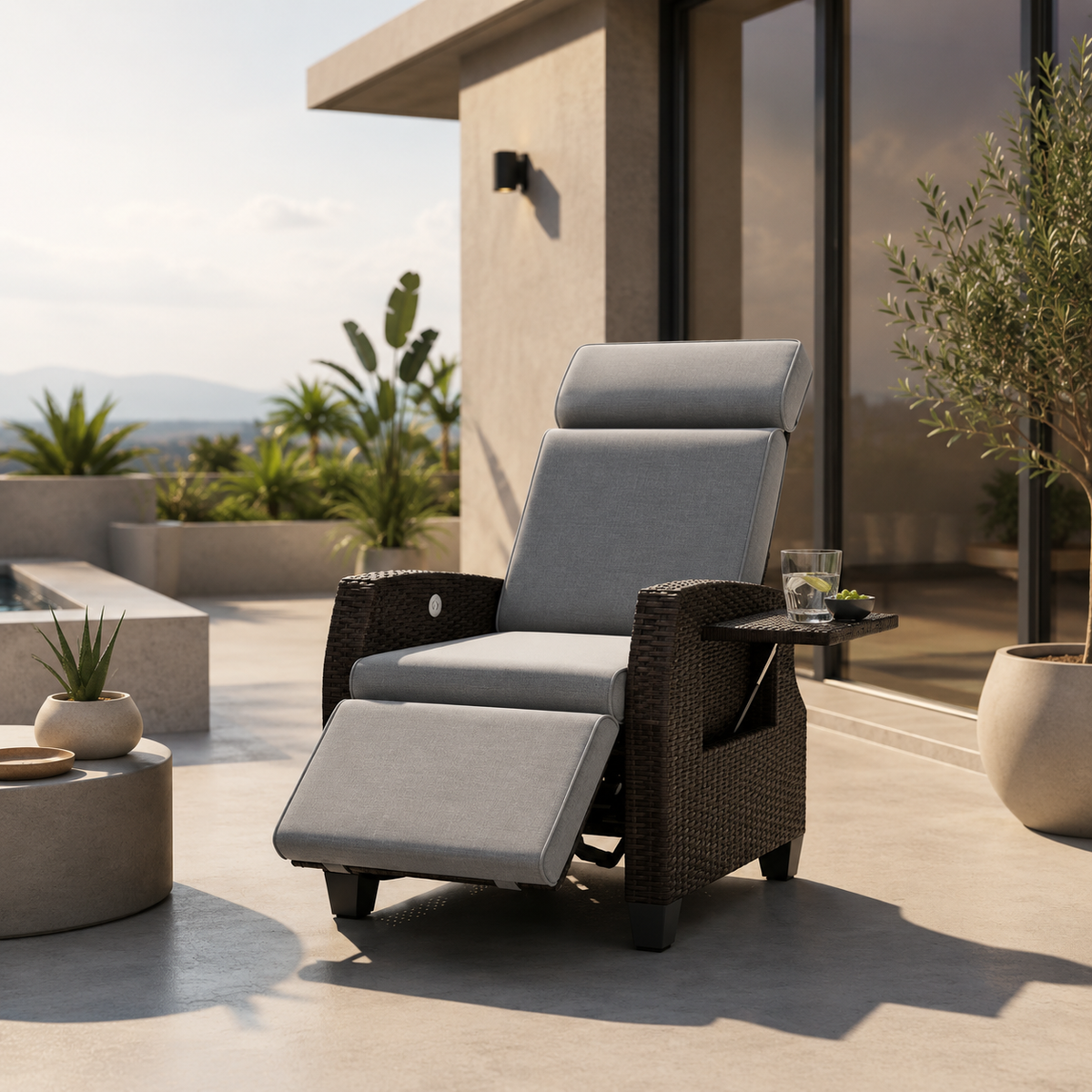 Fauteuil inclinable en osier avec table relevable