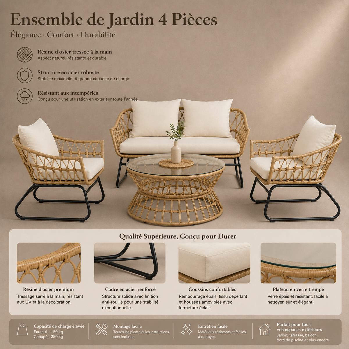 Ensemble salon de jardin 4 pièces en résine d'osier HDPE