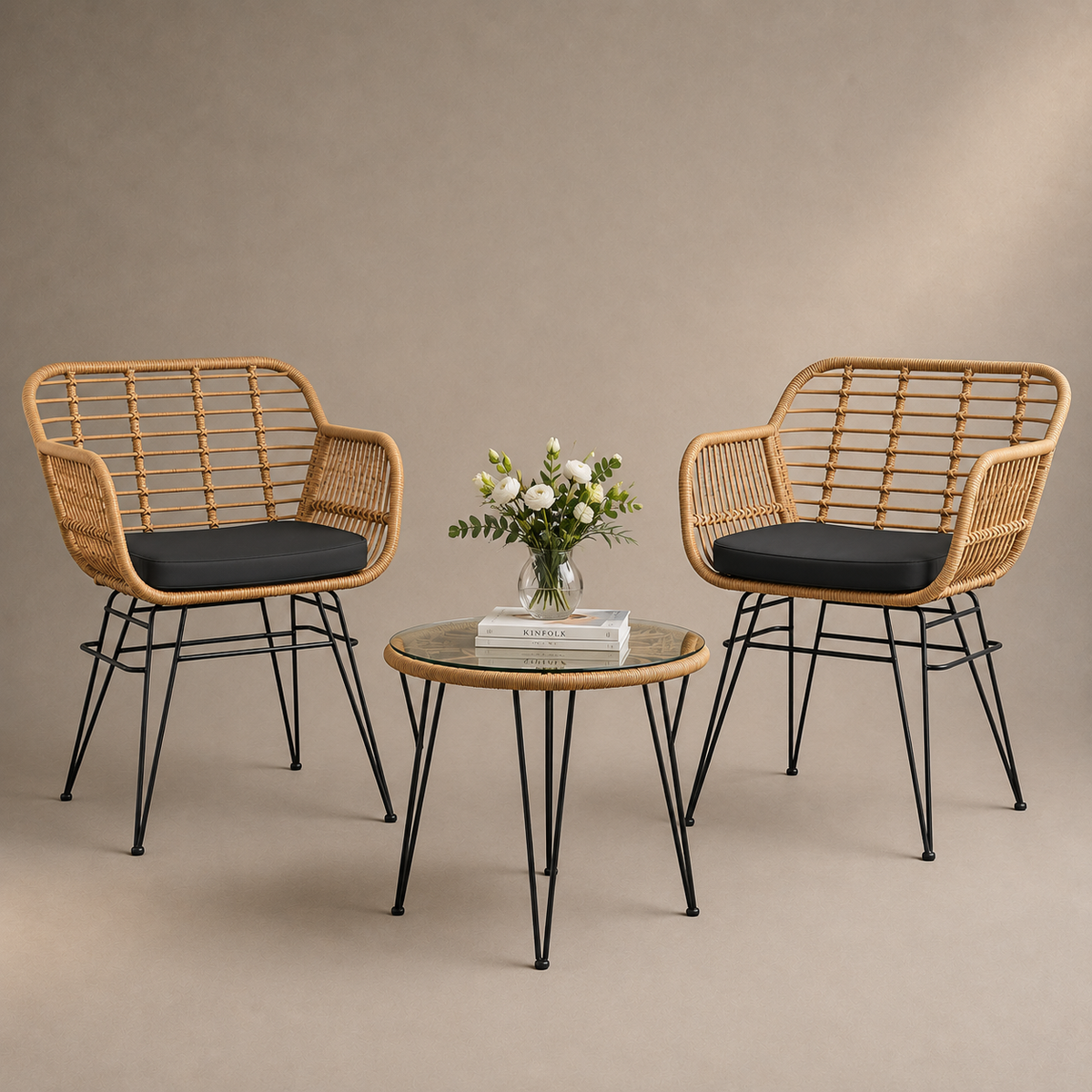Ensemble bistro - 1 table + 2 chaises en osier