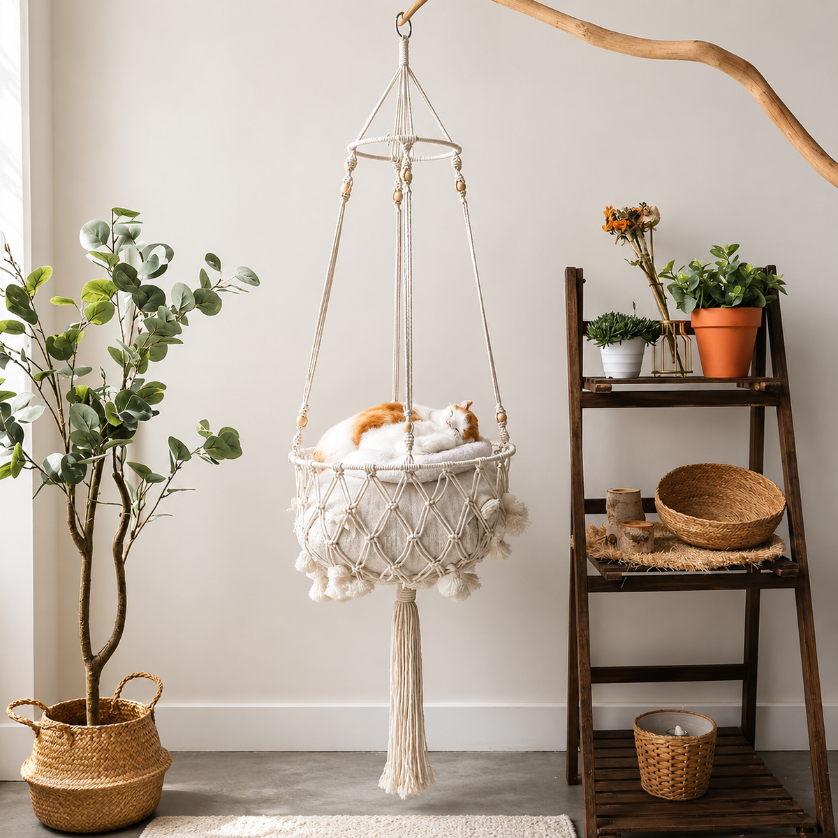 Panier suspendu pour chat en osier et coton tressé