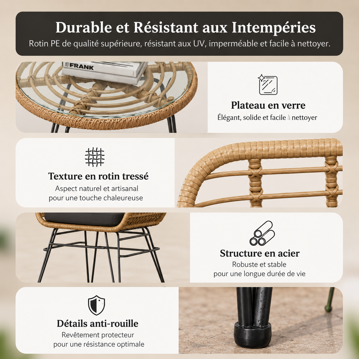 Ensemble bistro - 1 table + 2 chaises en osier – vue 8