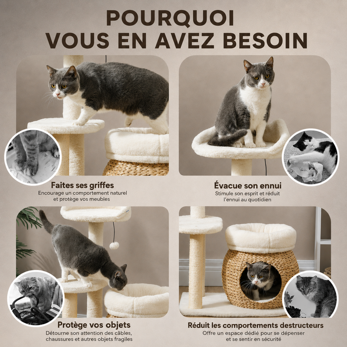 Tour pour chat en osier equipé d'un griffoir