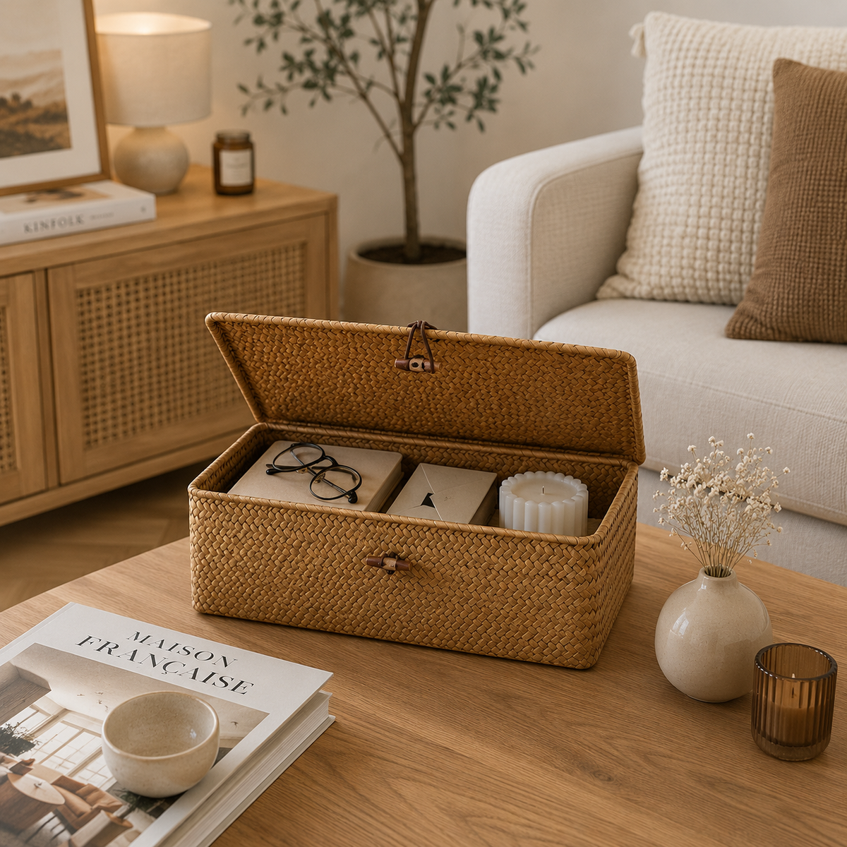 Panier rangement en osier avec fermeture