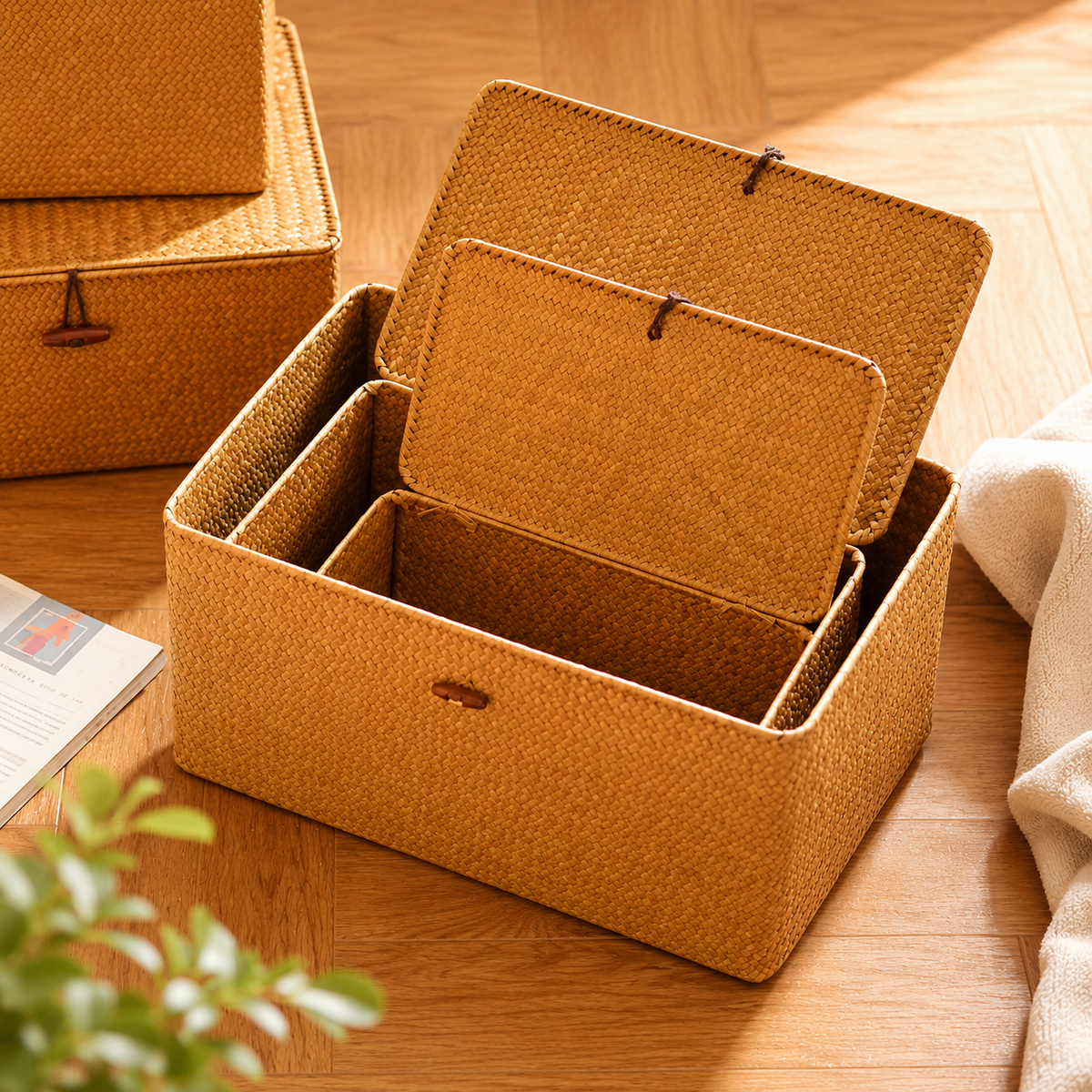 Panier rangement en osier avec fermeture