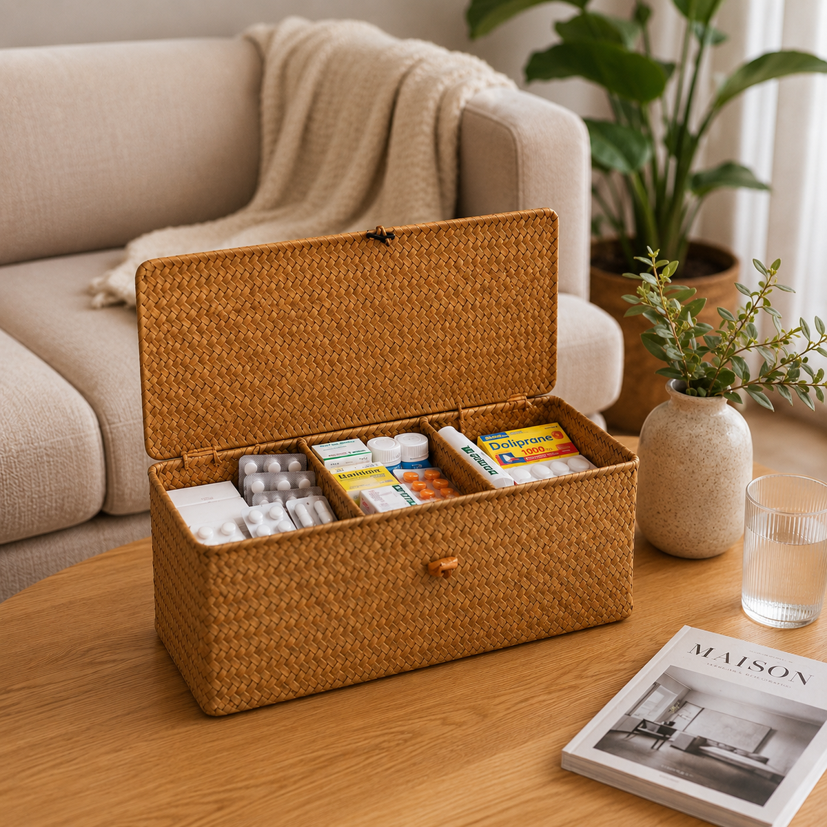 Panier rangement en osier avec compartiment