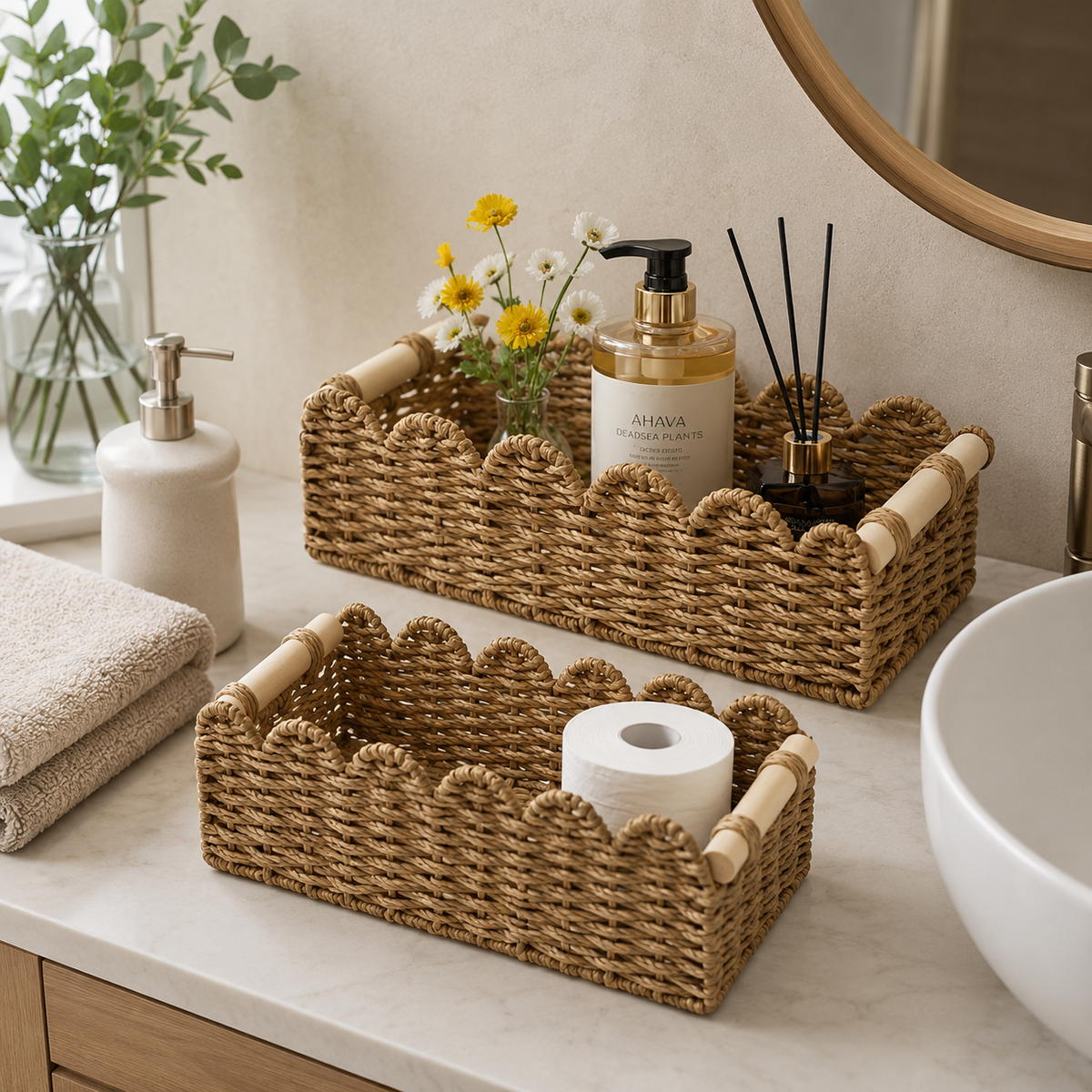 Panier rangement en osier a bord festonné