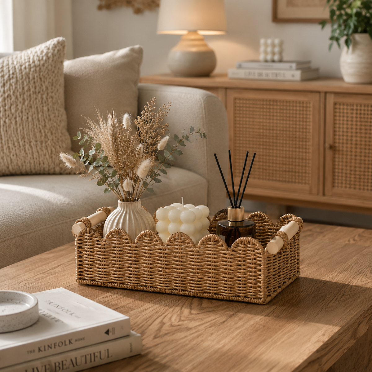 Panier rangement en osier a bord festonné