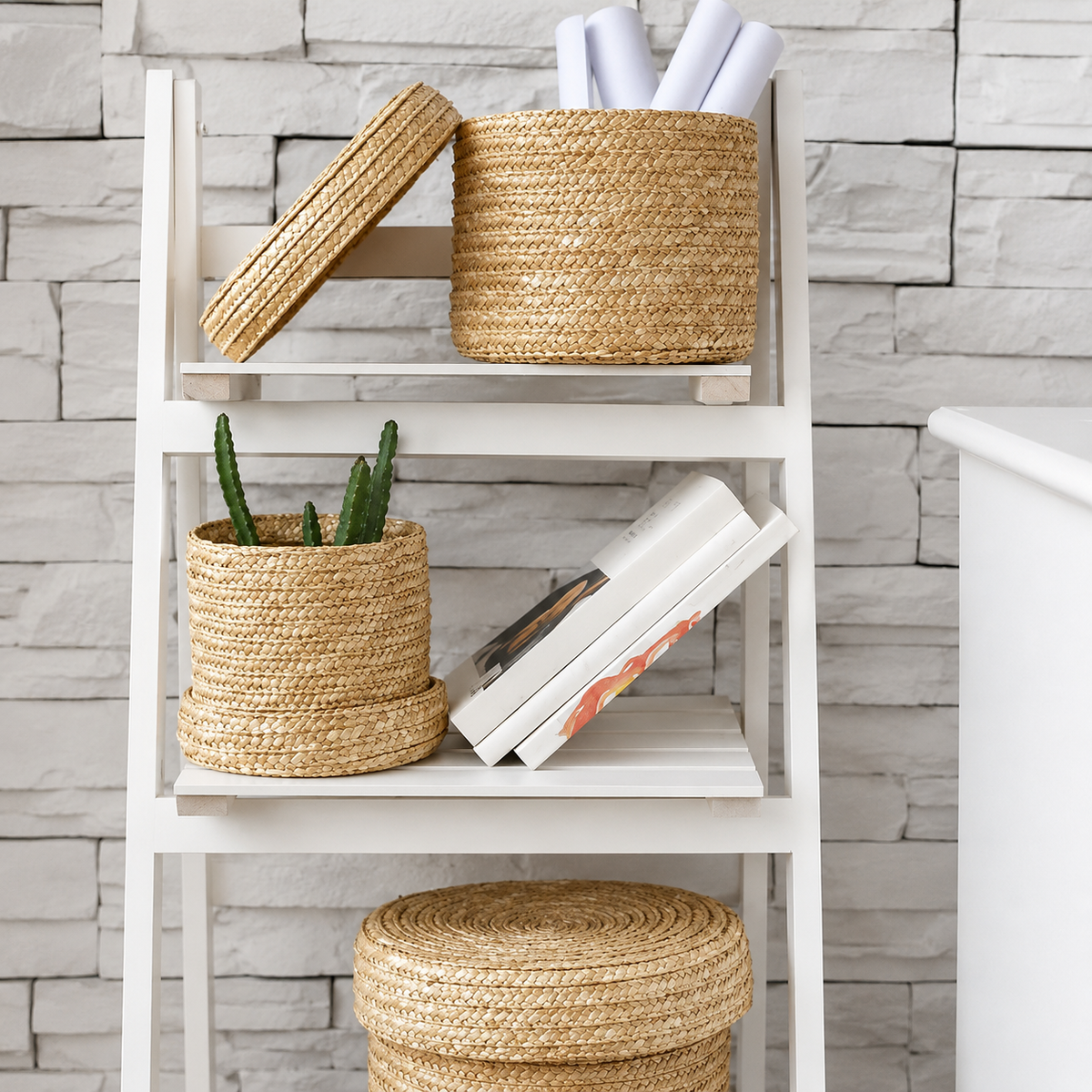 Lot de 3 panier rangement en osier avec couvercle