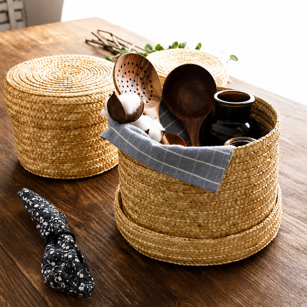 Lot de 3 panier rangement en osier avec couvercle