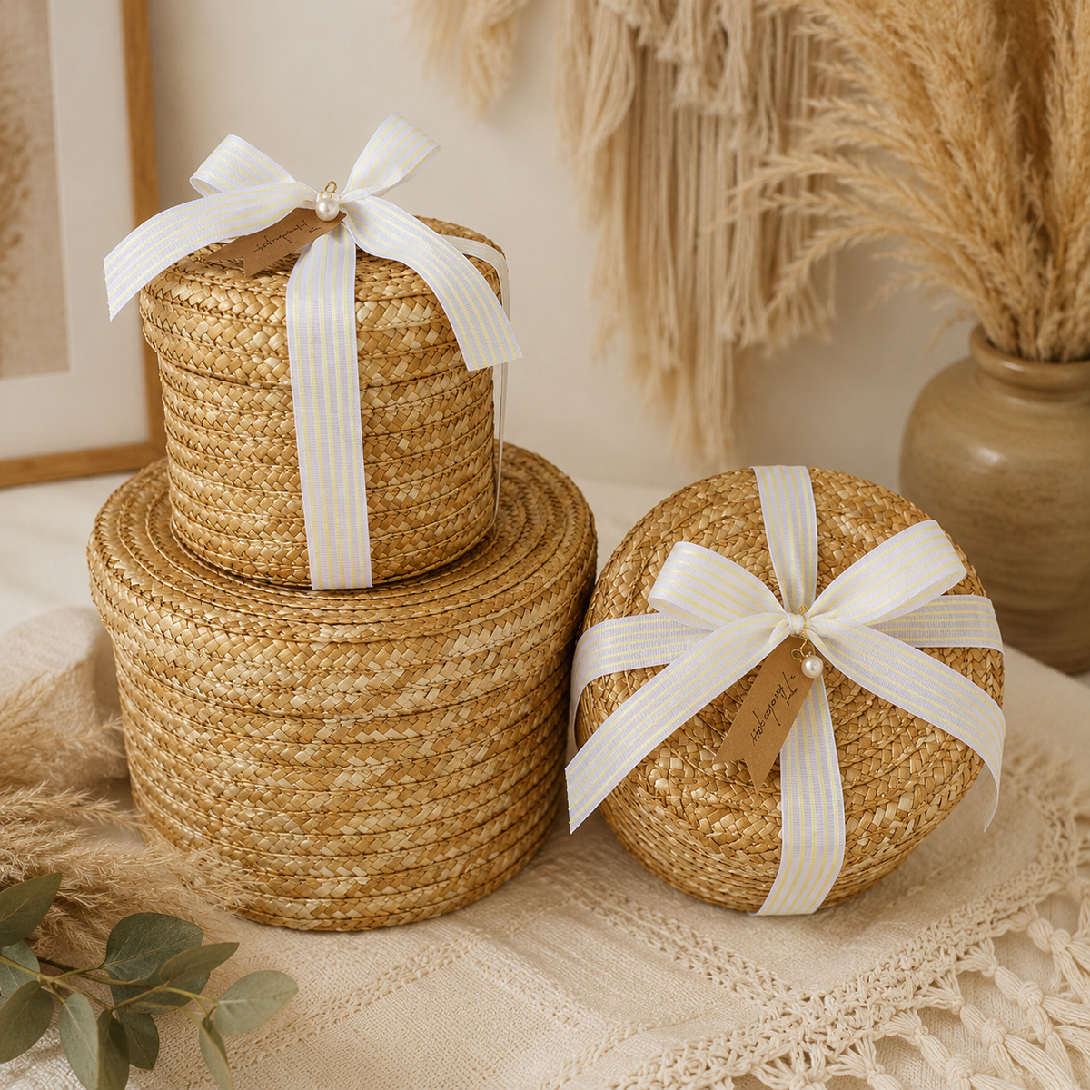 Lot de 3 panier rangement en osier avec couvercle