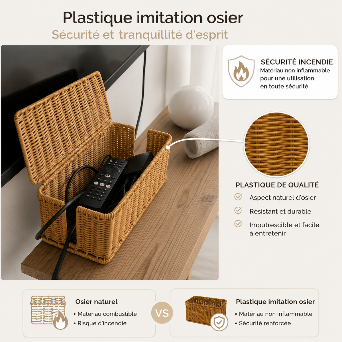 Panier rangement ignifugé style osier pour câble