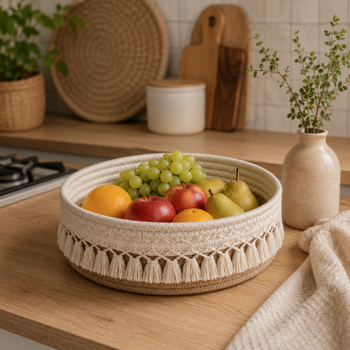 Panier rangement en osier avec franges