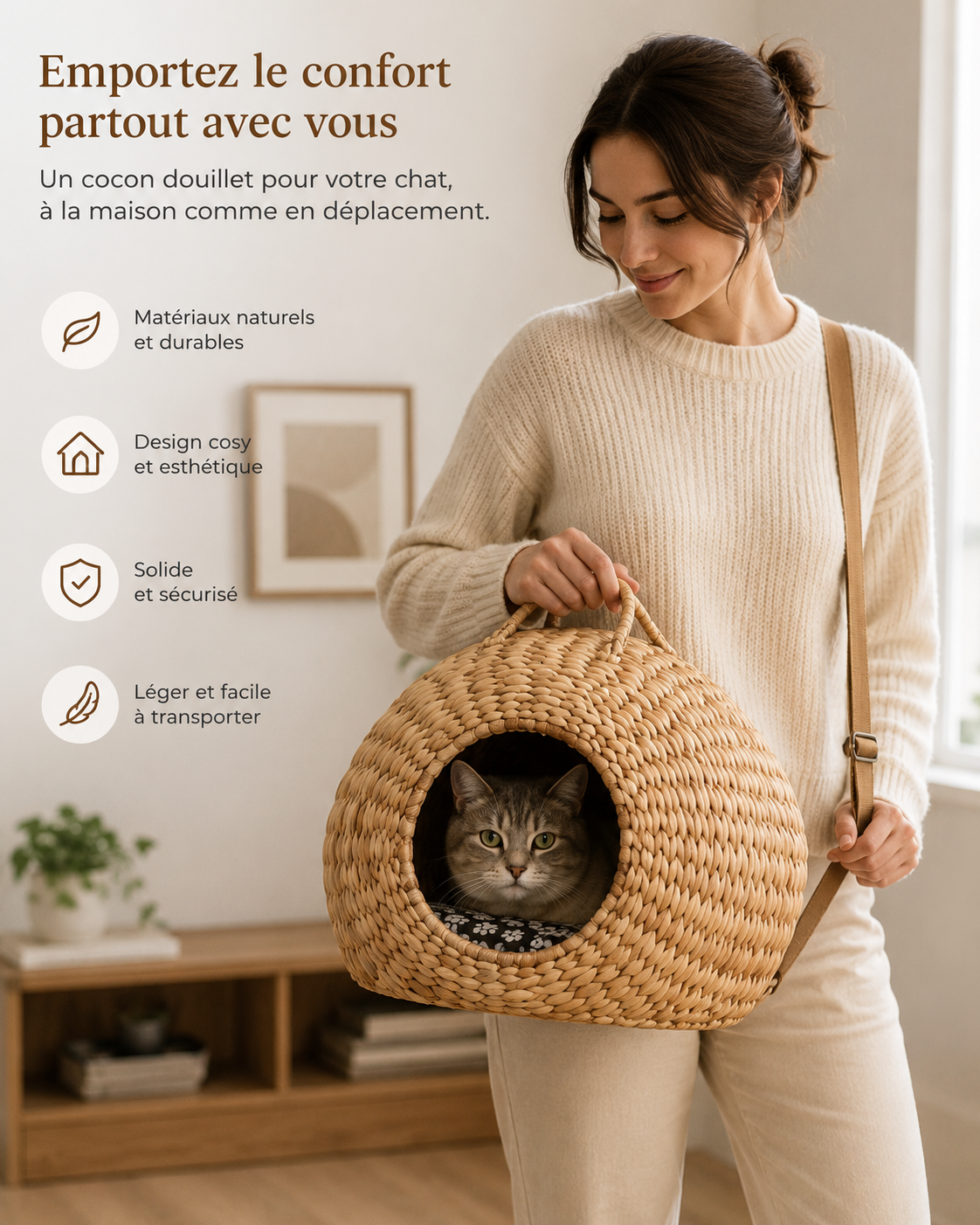 Panier pour chat en osier pour déplacement