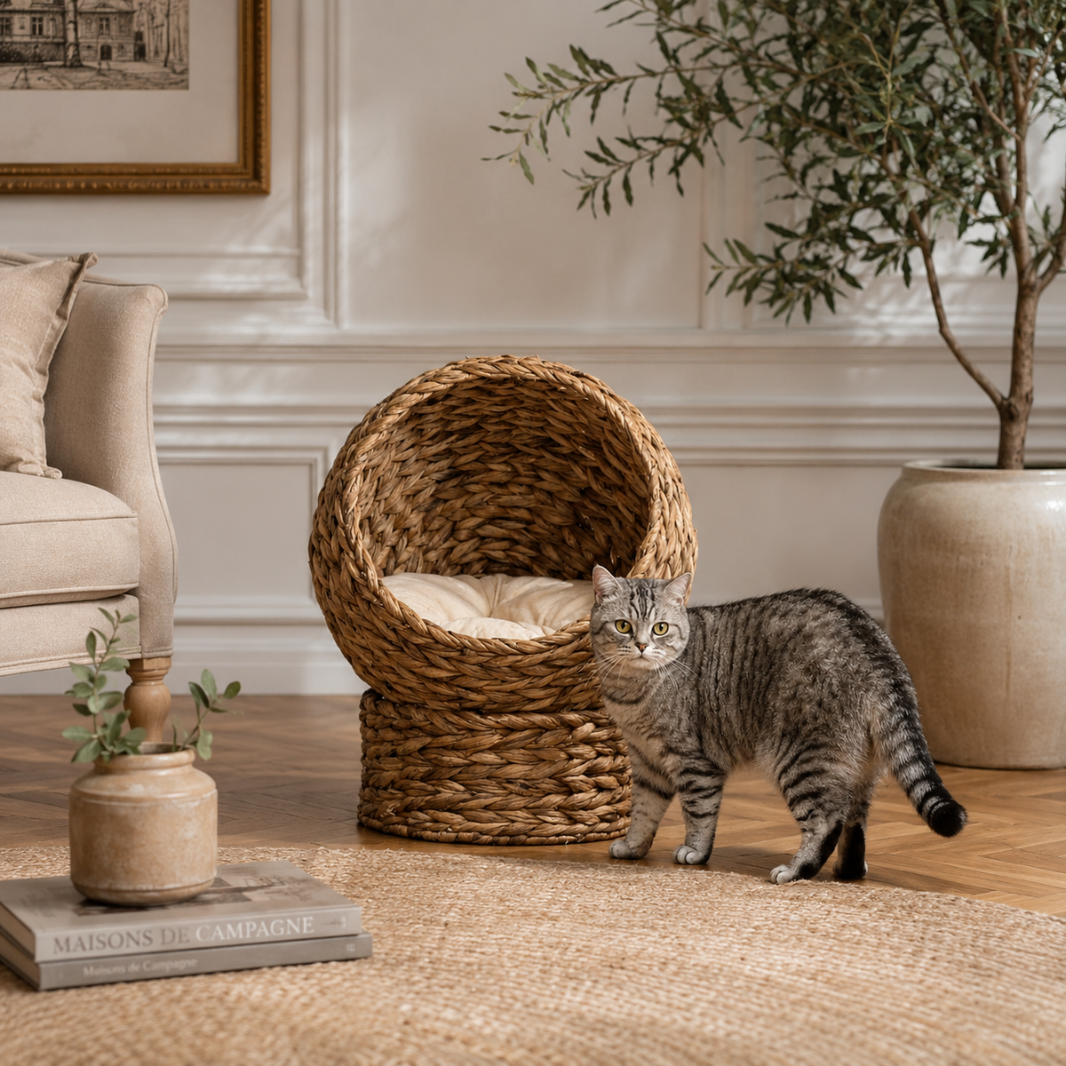 Panier surélevé pour chat en osier tissé a la main