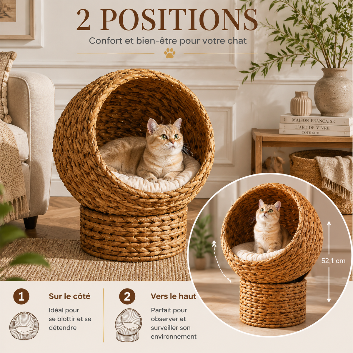 Panier surélevé pour chat en osier tissé a la main