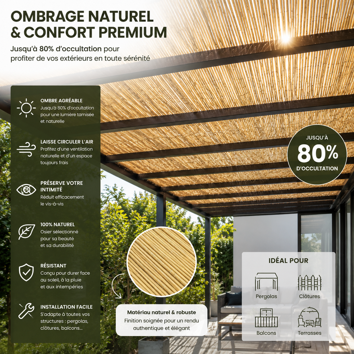 Canisse en osier naturelle H.90cm x L.3m pour Balcon, Cloture, Terrasse, Pergolas
