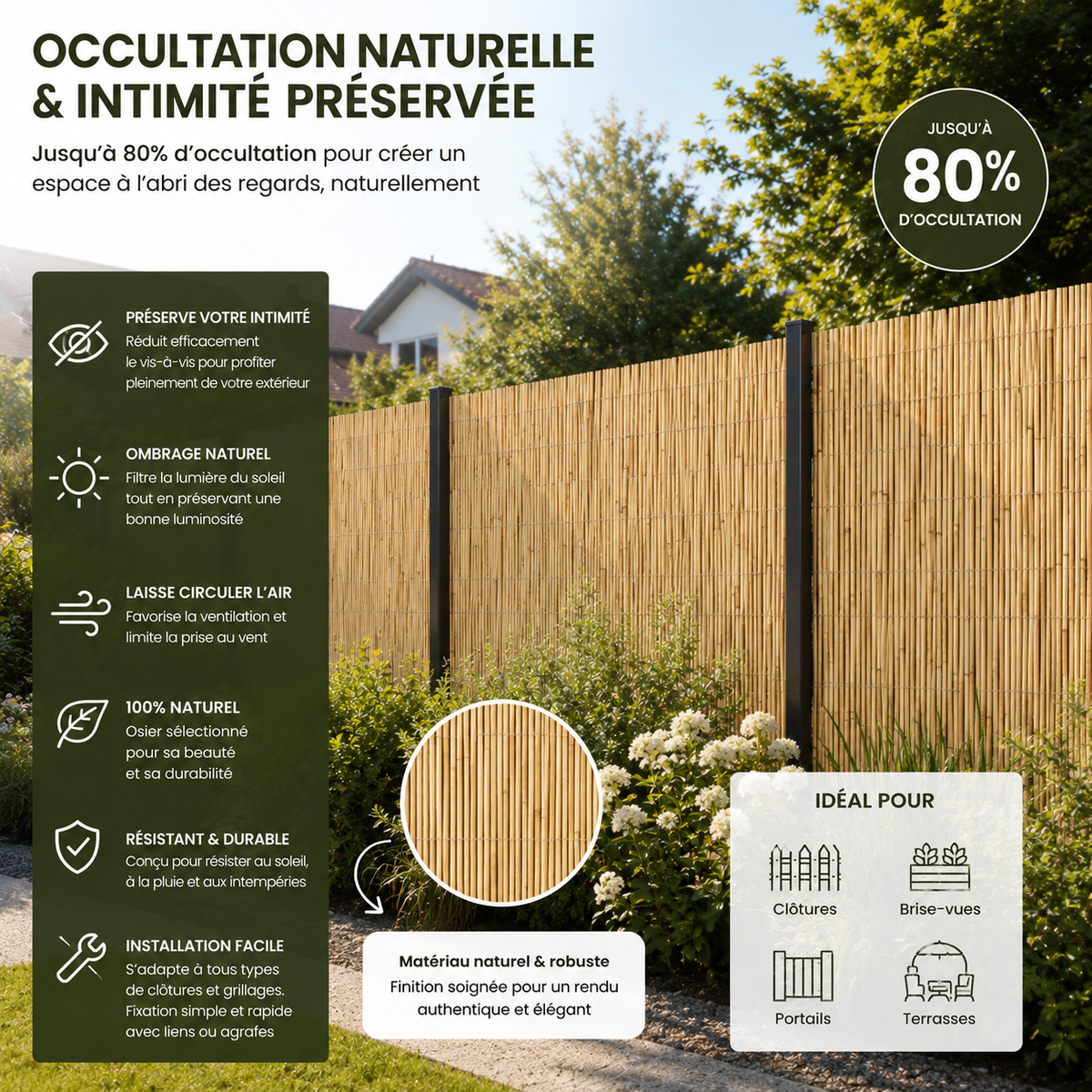 Canisse en osier naturelle H.1,6m x L.3m pour Balcon, Cloture, Terrasse, Pergolas