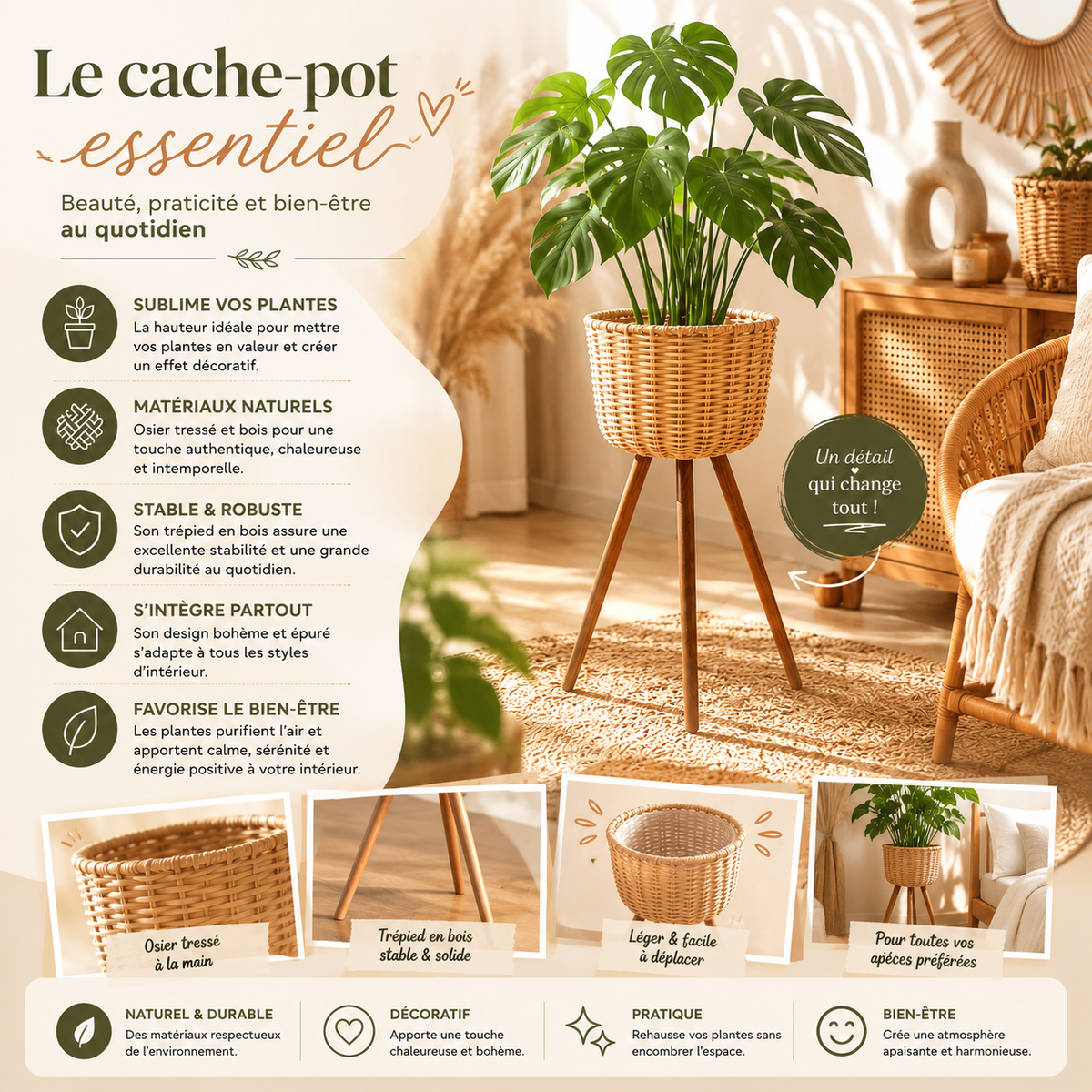 Cache-pot sur pieds en osier naturelle
