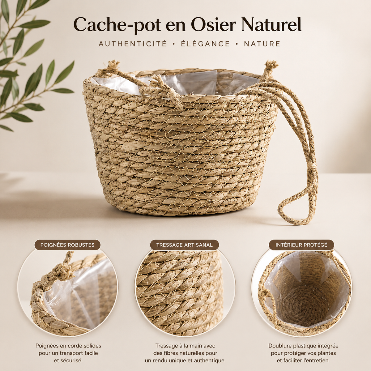 Cache-pot en osier suspendu – vue 2