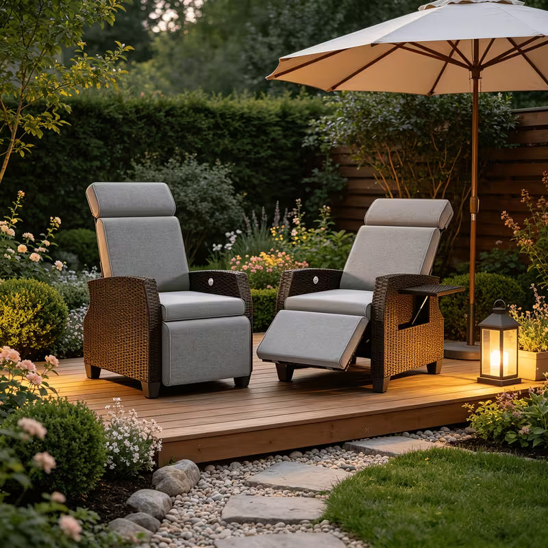 Fauteuil inclinable en osier avec table relevable