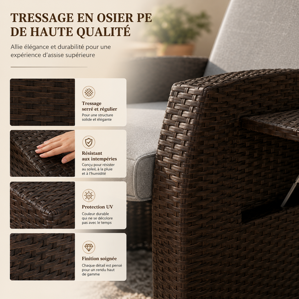 Fauteuil inclinable en osier avec table relevable