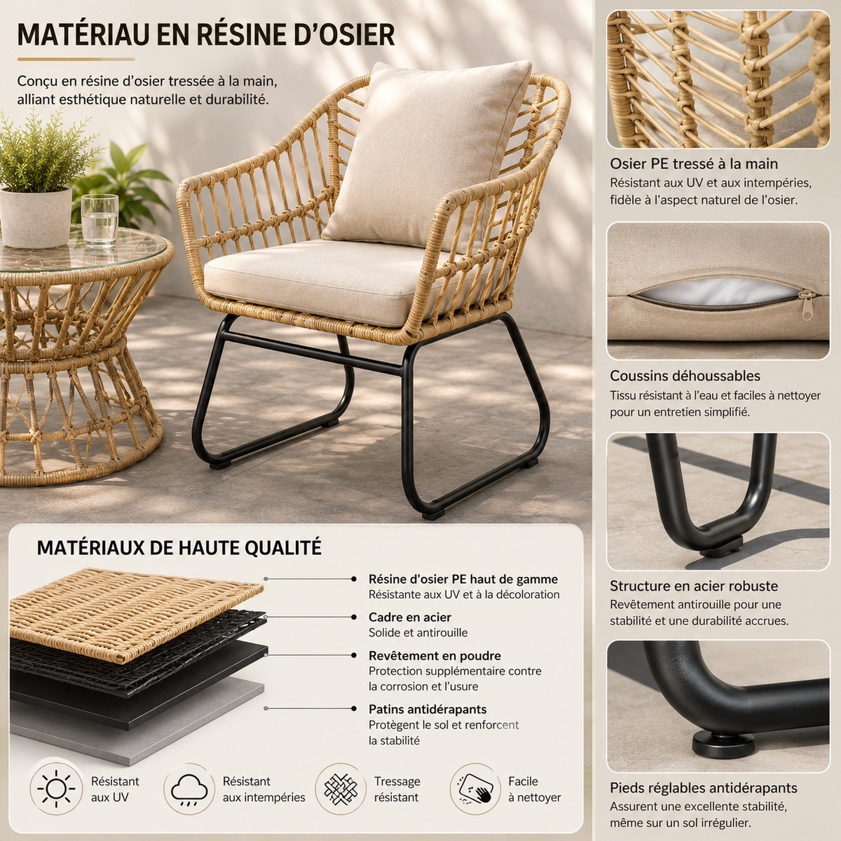Ensemble salon de jardin 4 pièces en résine d'osier HDPE