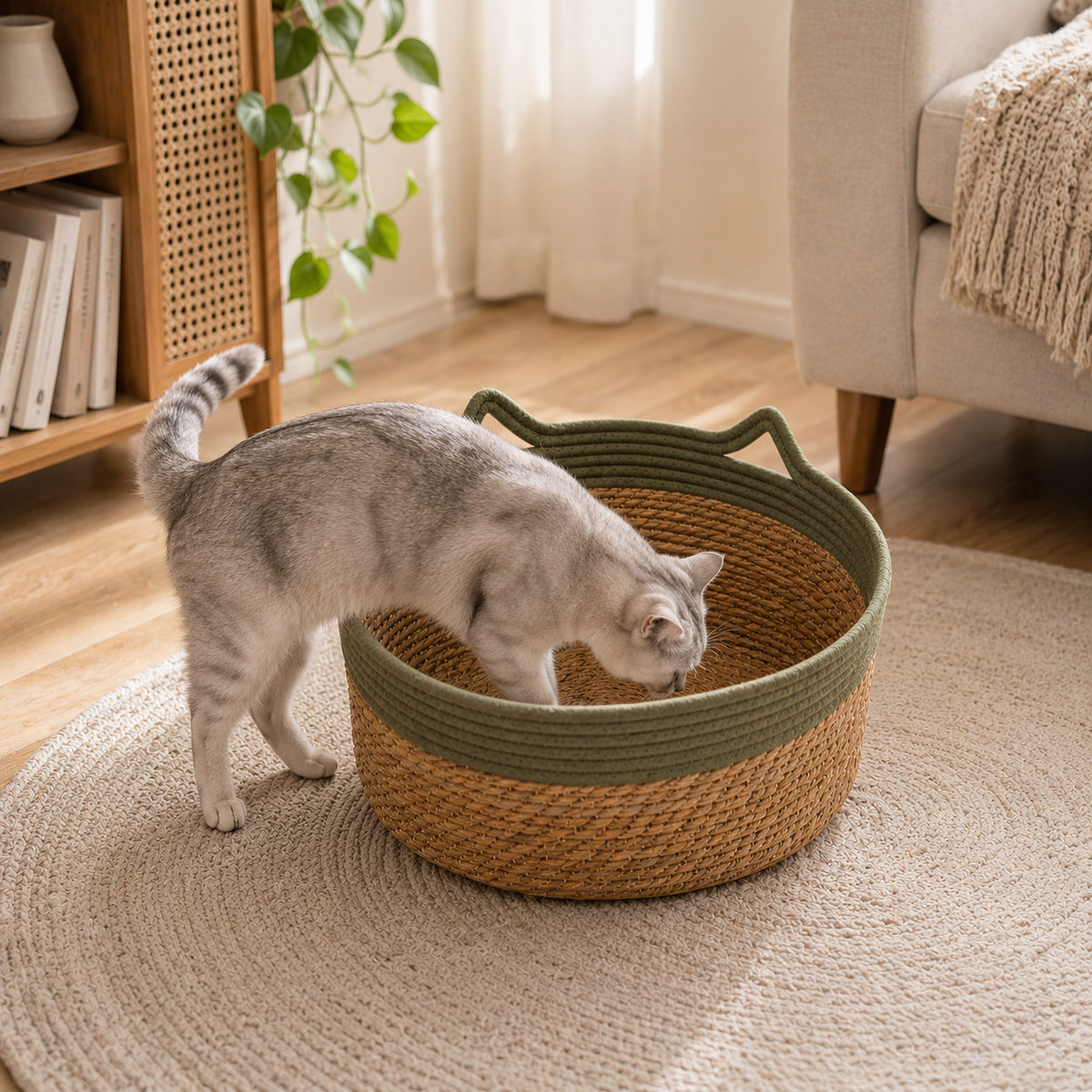 Panier pour chat en osier coton vert