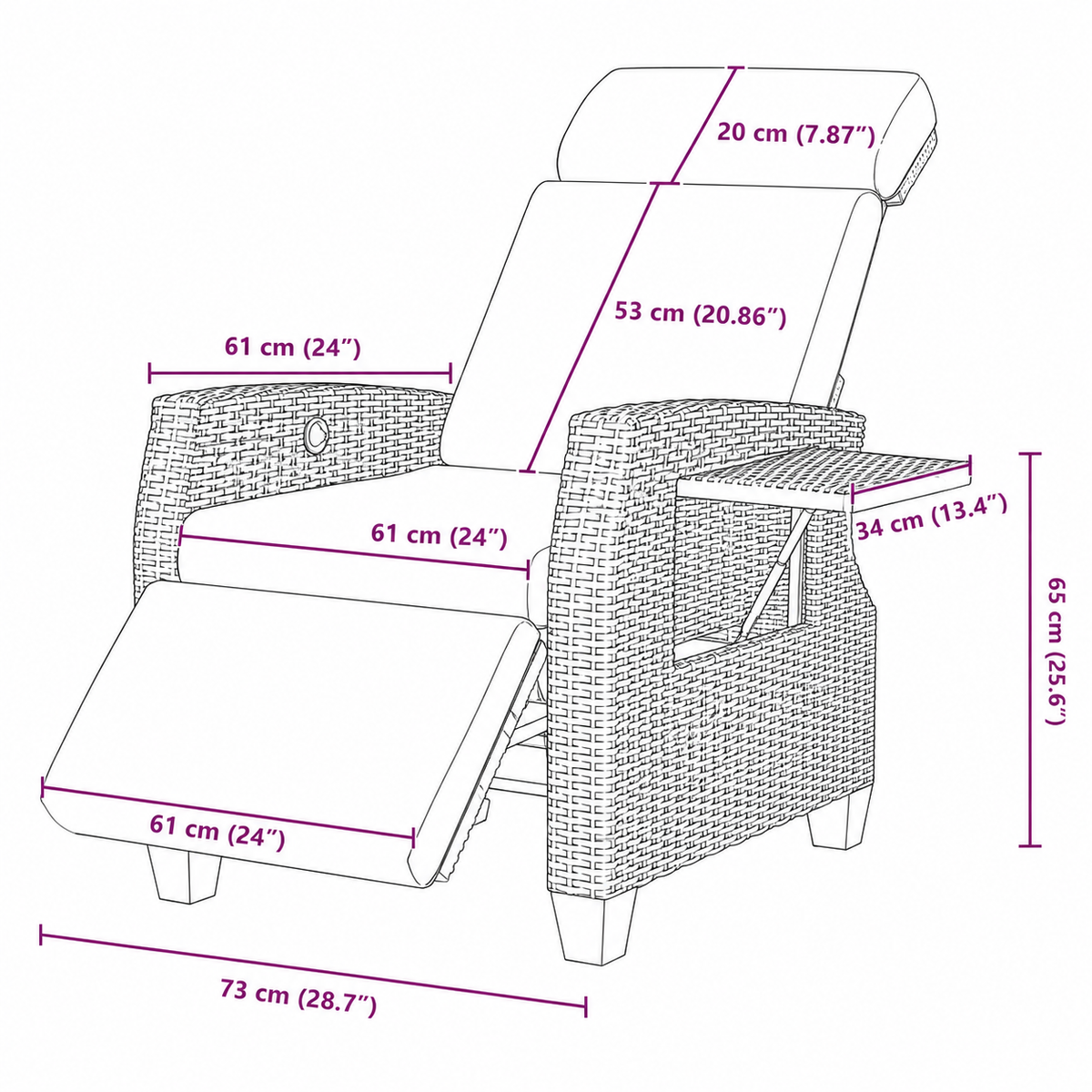 Fauteuil inclinable en osier avec table relevable
